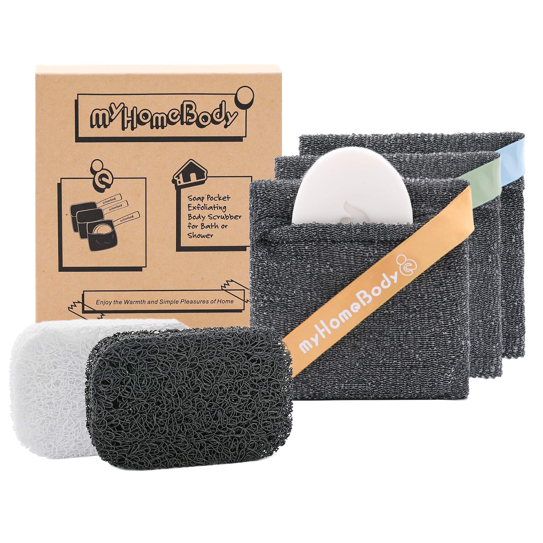 myHomeBody Exfoliating Soap Pouch – Graphite Gray Body Scrubber, 3 Pack