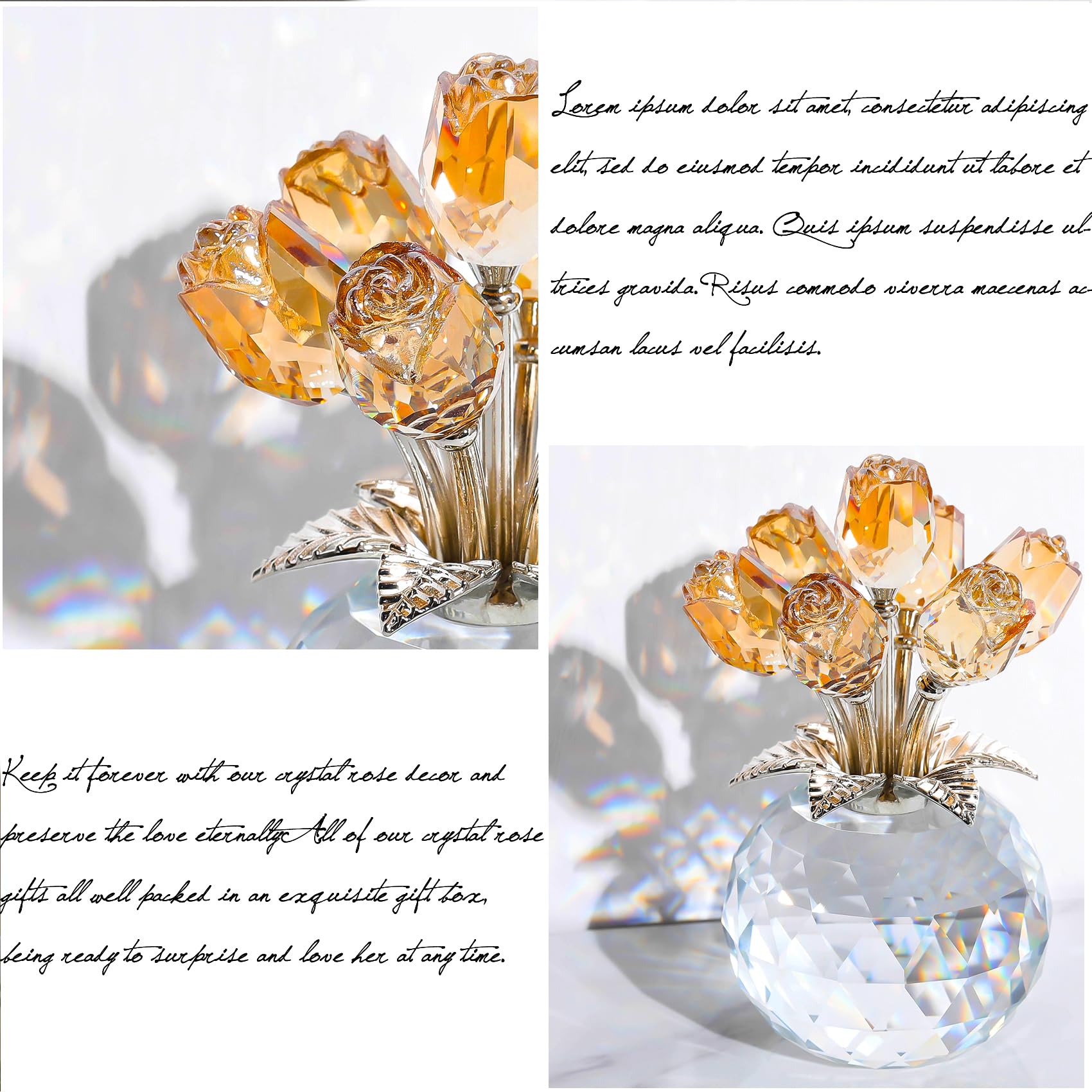 Ornalrist Crystal Gold Roses Figurine | K9 Glass Flower Bouquet with Vase