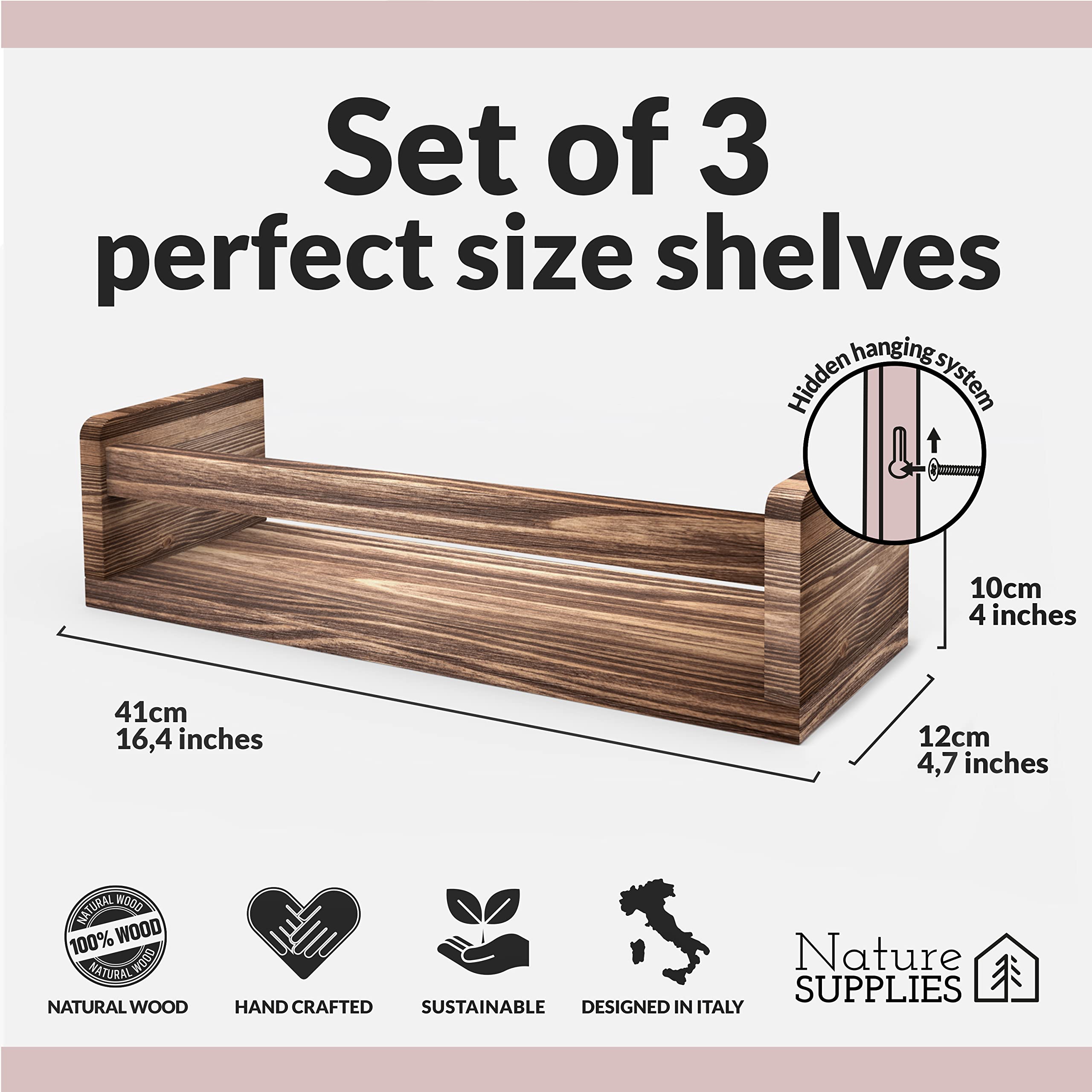 Nature Supplies Set of 3 Nursery Shelves | Wooden Floating Bookshelves