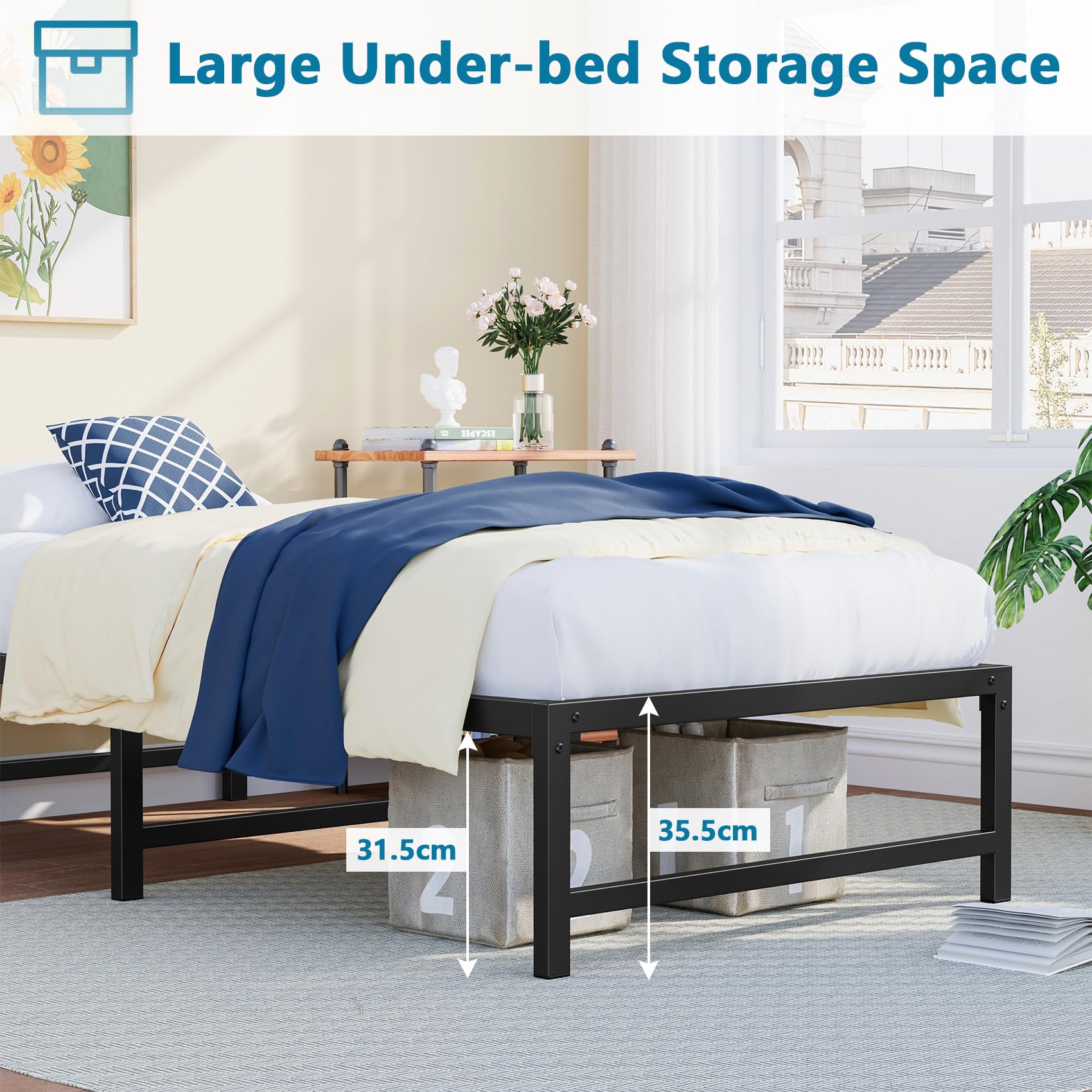 Yornoli 3ft Single Metal Bed Frame – Heavy Duty Steel Slats & Storage