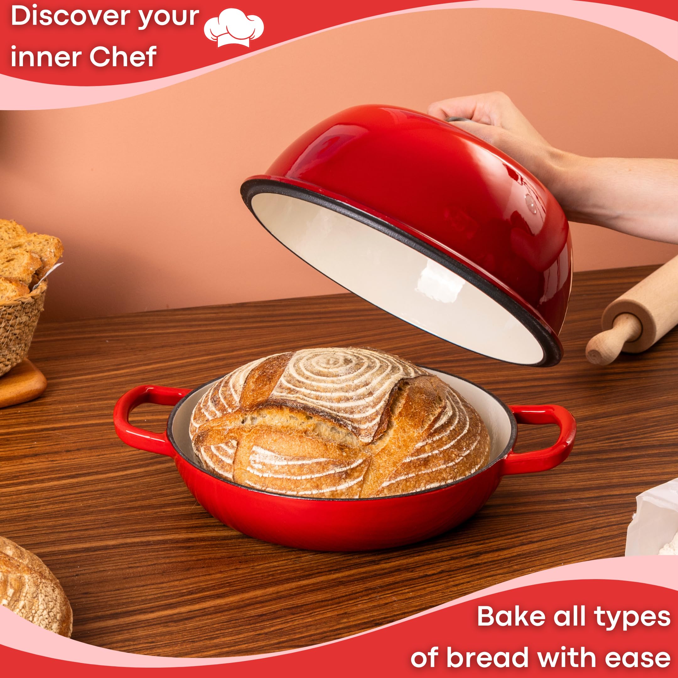 Nuovva Enamelled Cast Iron Dutch Oven - 6 Quart Red Bread Baking Pot