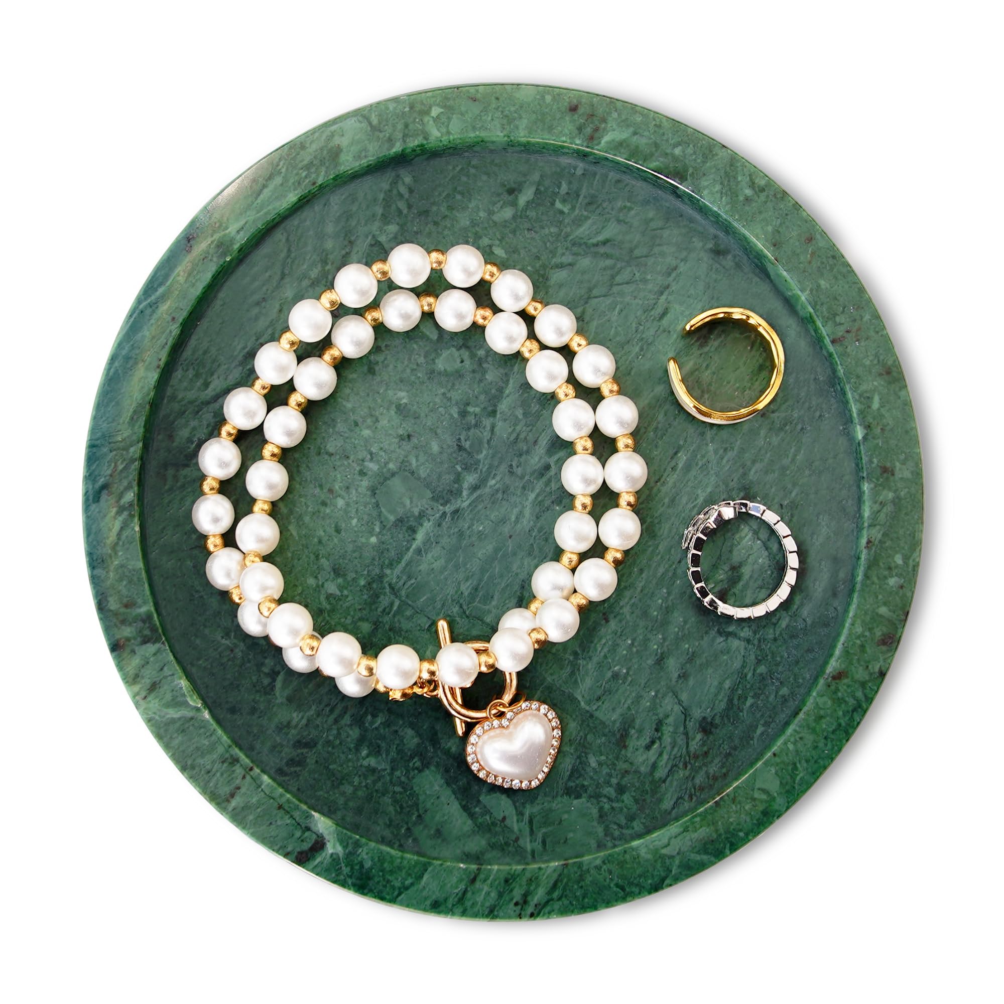 WORHE Natural Green Marble Jewelry Tray | 7.4" Round Vanity Organizer Dish
