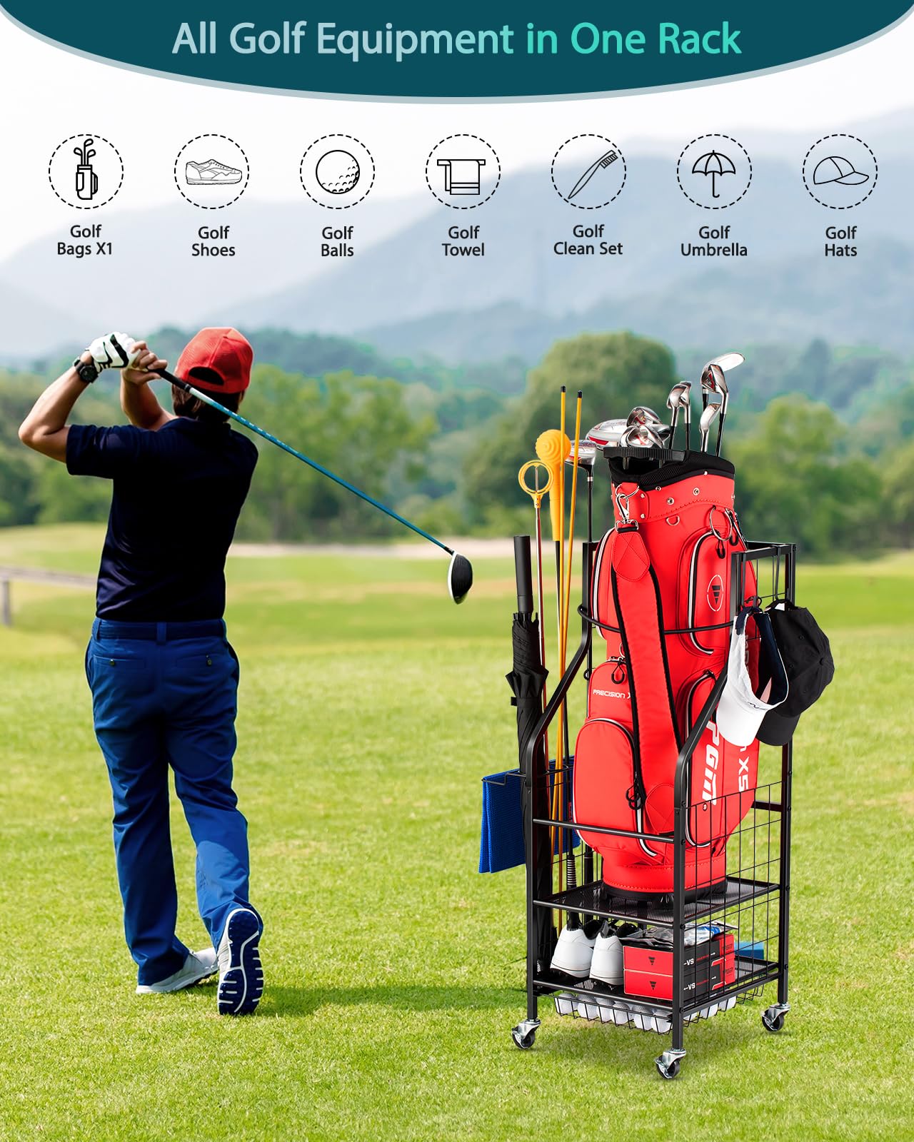 Rolling Golf Bag Storage Rack – 3-Tier Steel Garage Organizer