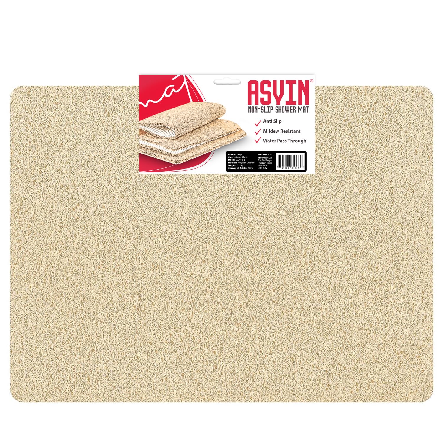 Asvin Anti Slip Loofah Bath & Shower Mat – 60x80cm Quick Dry Beige
