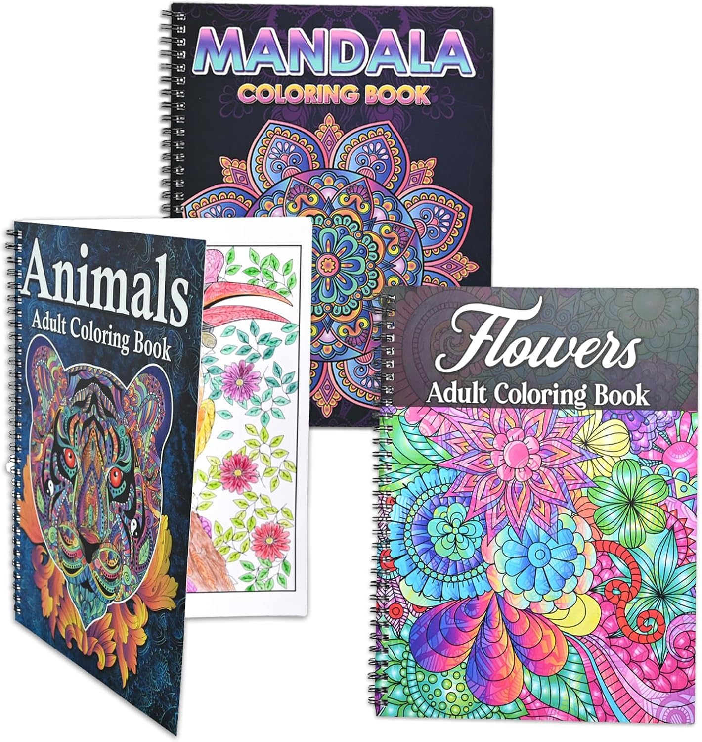 Pobuu 3-Pack Adult Coloring Books | Spiral Bound Mandalas & Animals