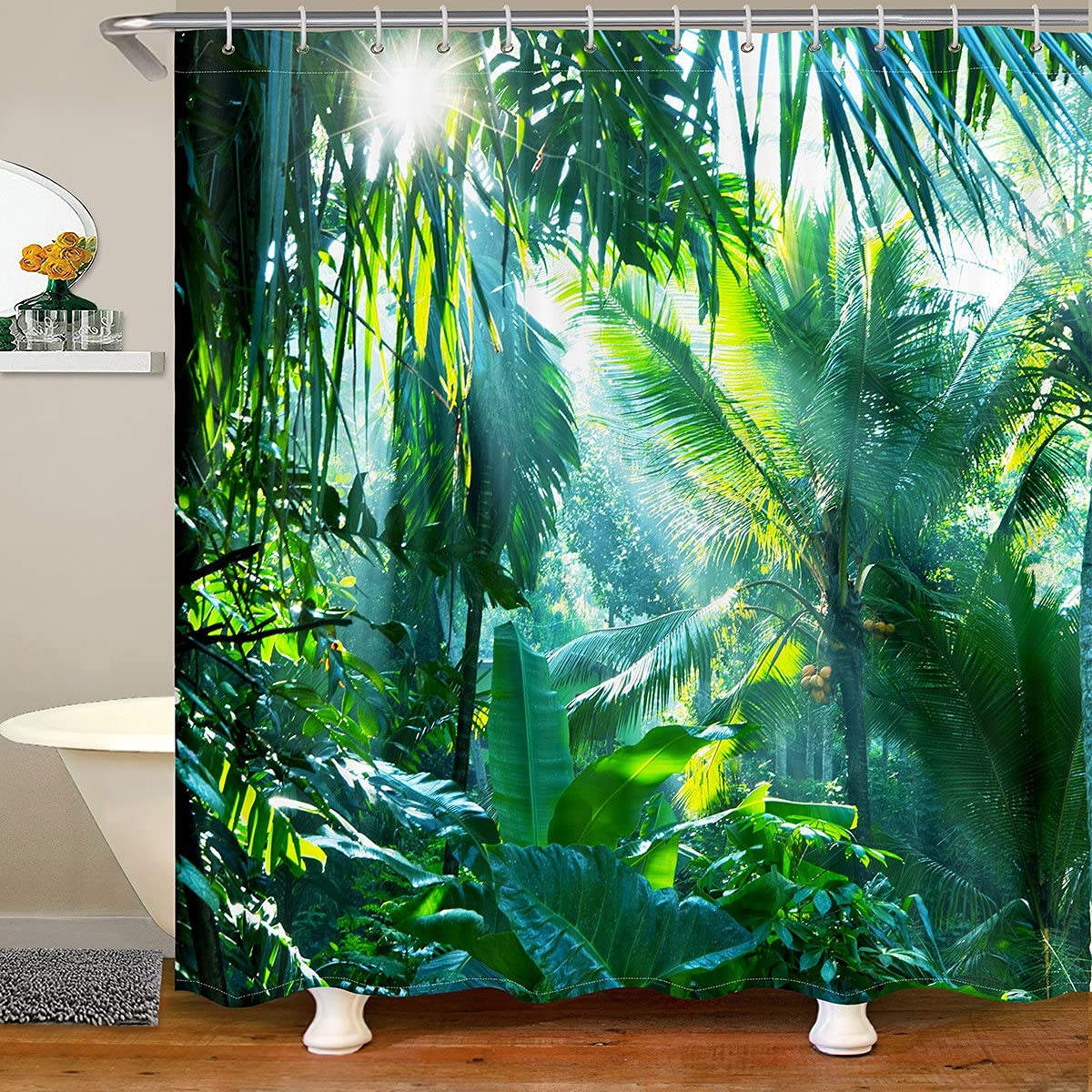 Loussiesd Banana Leaves Shower Curtain | Botanical Waterproof Polyester
