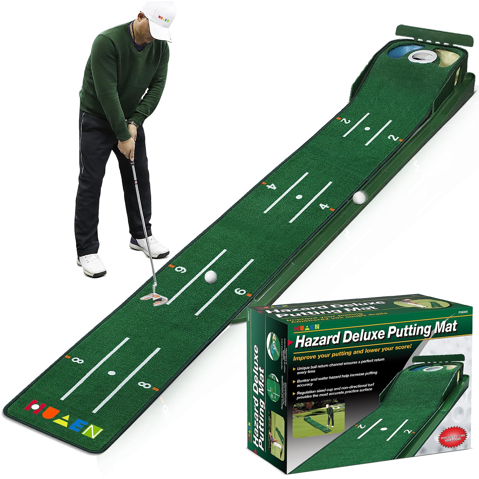 HUAEN Golf Putting Green Mat with 3 Holes and Auto Ball Return – 9.35ft