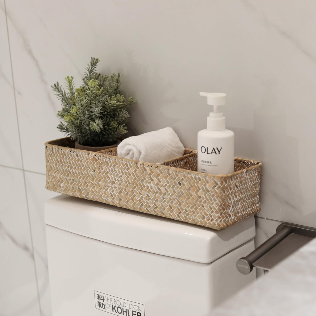 Seagrass Storage Basket with 3 Sections Woven Shelf Baskets for Organizing Whitewash, 37cm x 12cm x 8cm