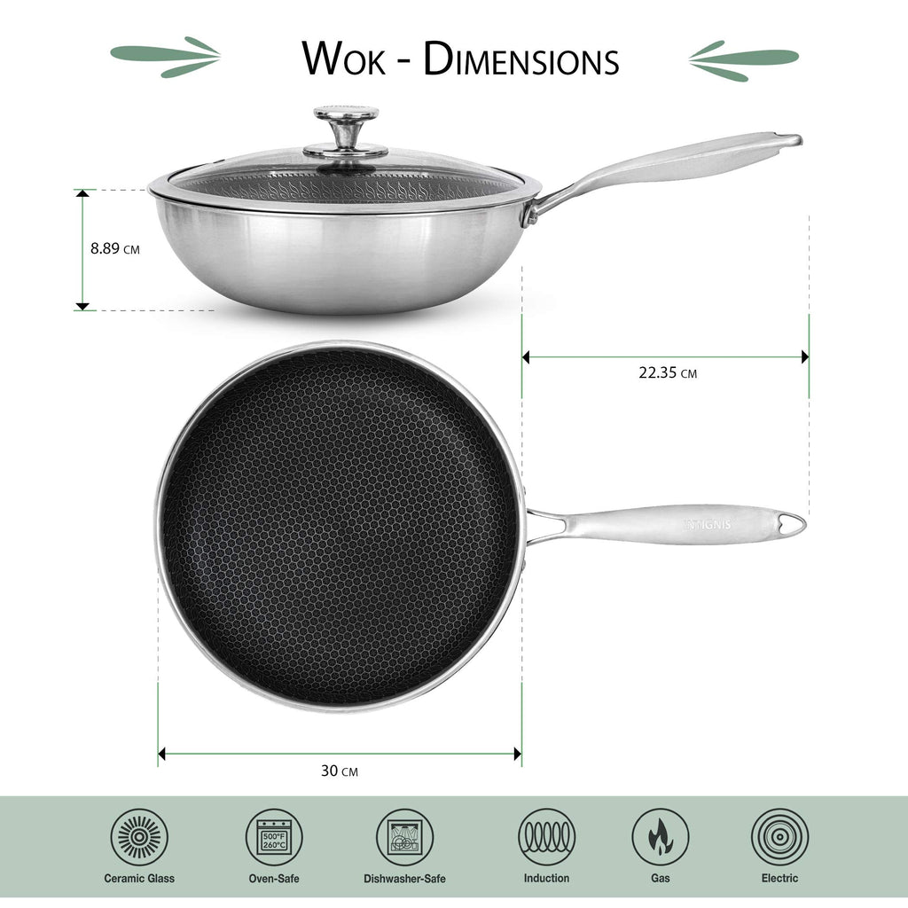 INTIGNIS 30cm Stainless Steel Wok – Non-Stick Skillet with Oven-Safe Lid