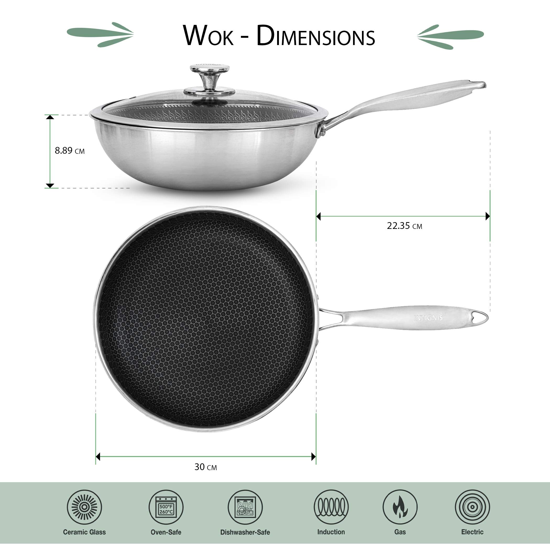 INTIGNIS 30cm Stainless Steel Wok – Non-Stick Skillet with Oven-Safe Lid