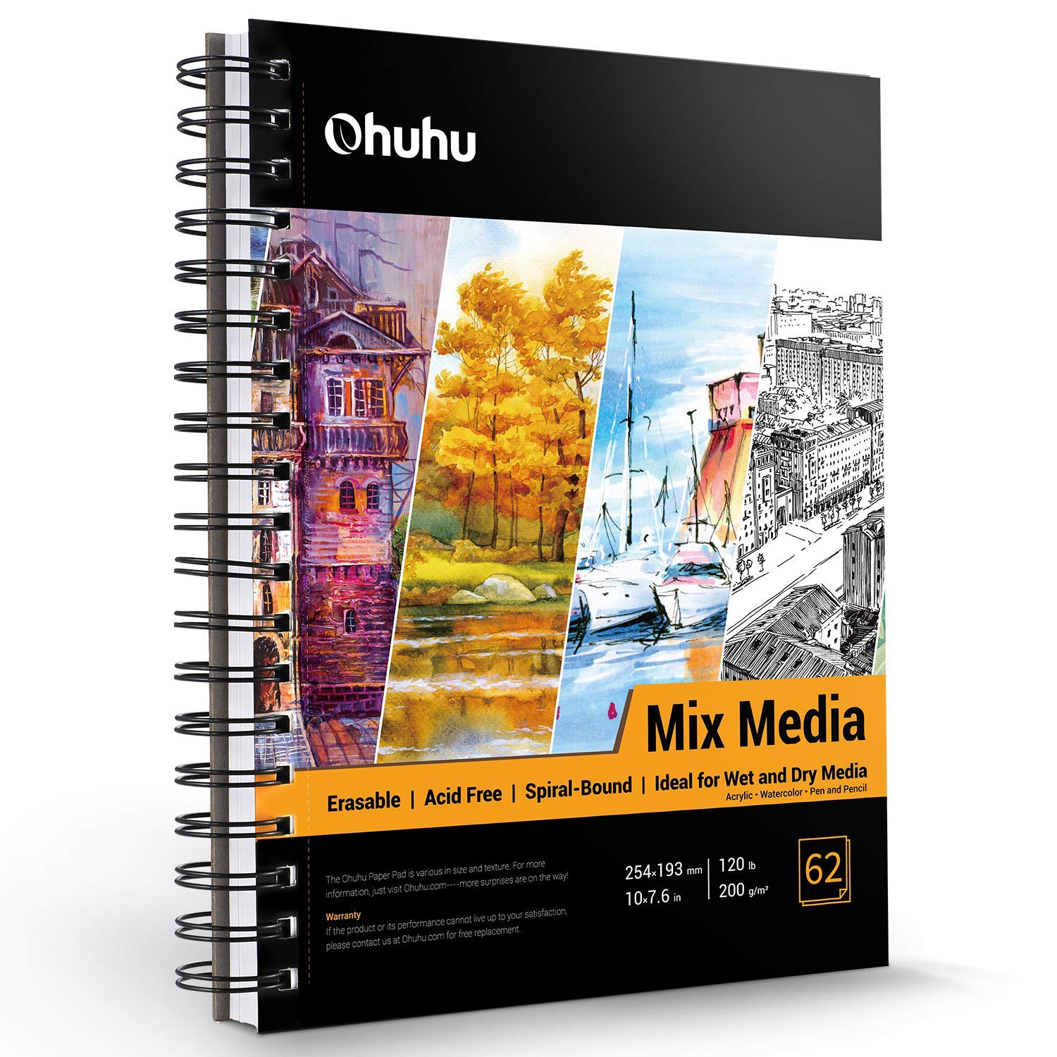 Ohuhu Mixed Media Sketchbook | 10x7.6" 200gsm Spiral Bound Art Pad