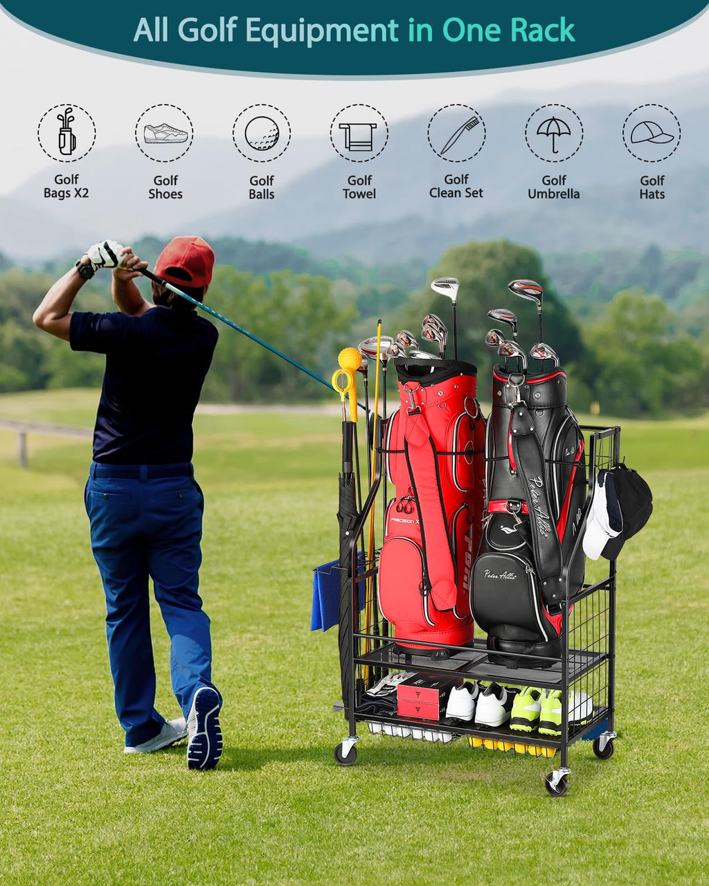 EXTCCT Golf Bag Storage Garage Organizer | Mobile 2-Bag Steel Rack