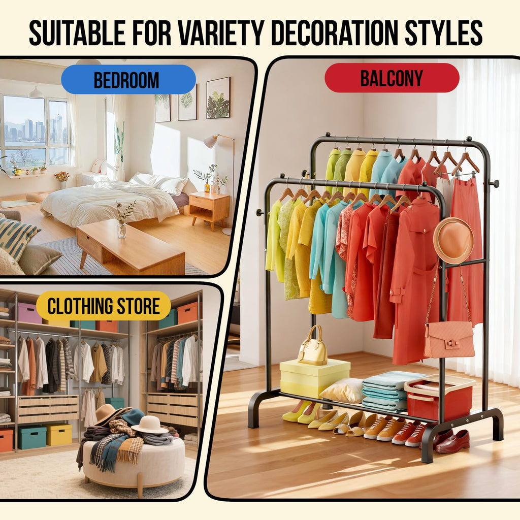 Clothes Rail With Shelves, Double Rods Clothing Rail for Bedroom, Black - image 5