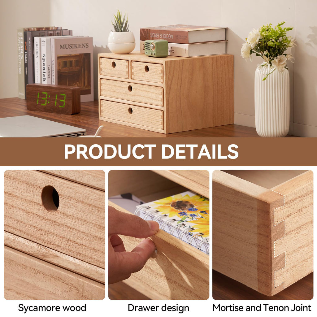 KIGIREN Wooden Desktop Organizer | 4-Drawer Solid Wood Office Storage Box