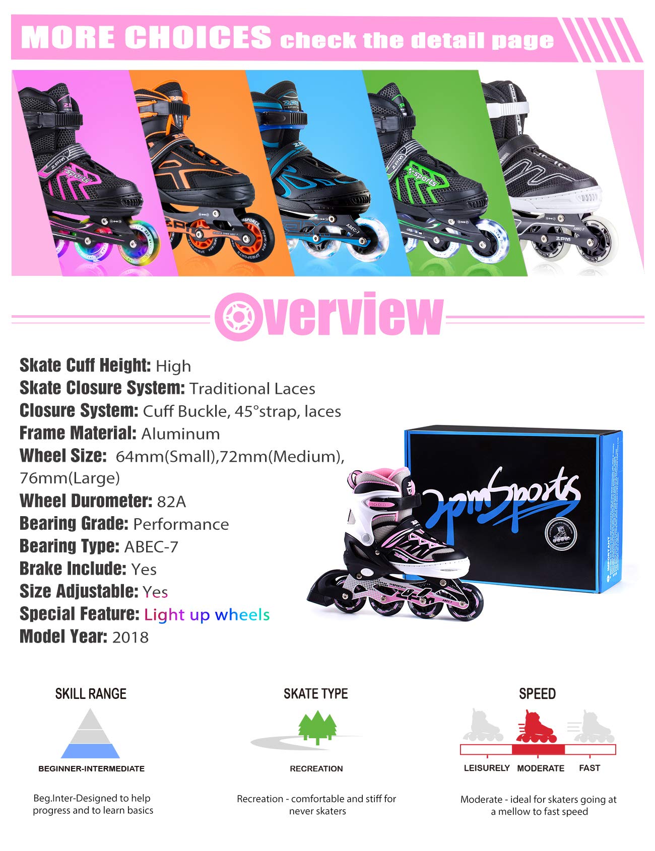 2pm Sports Adjustable Light Up Inline Skates for Kids - Pink Small