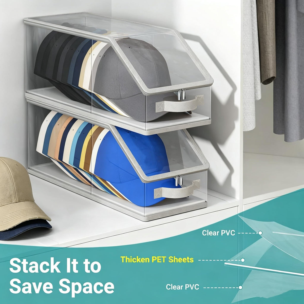 Monqueen Clear Baseball Cap Organizer Stackable Hat Box with Front Handle - image 3