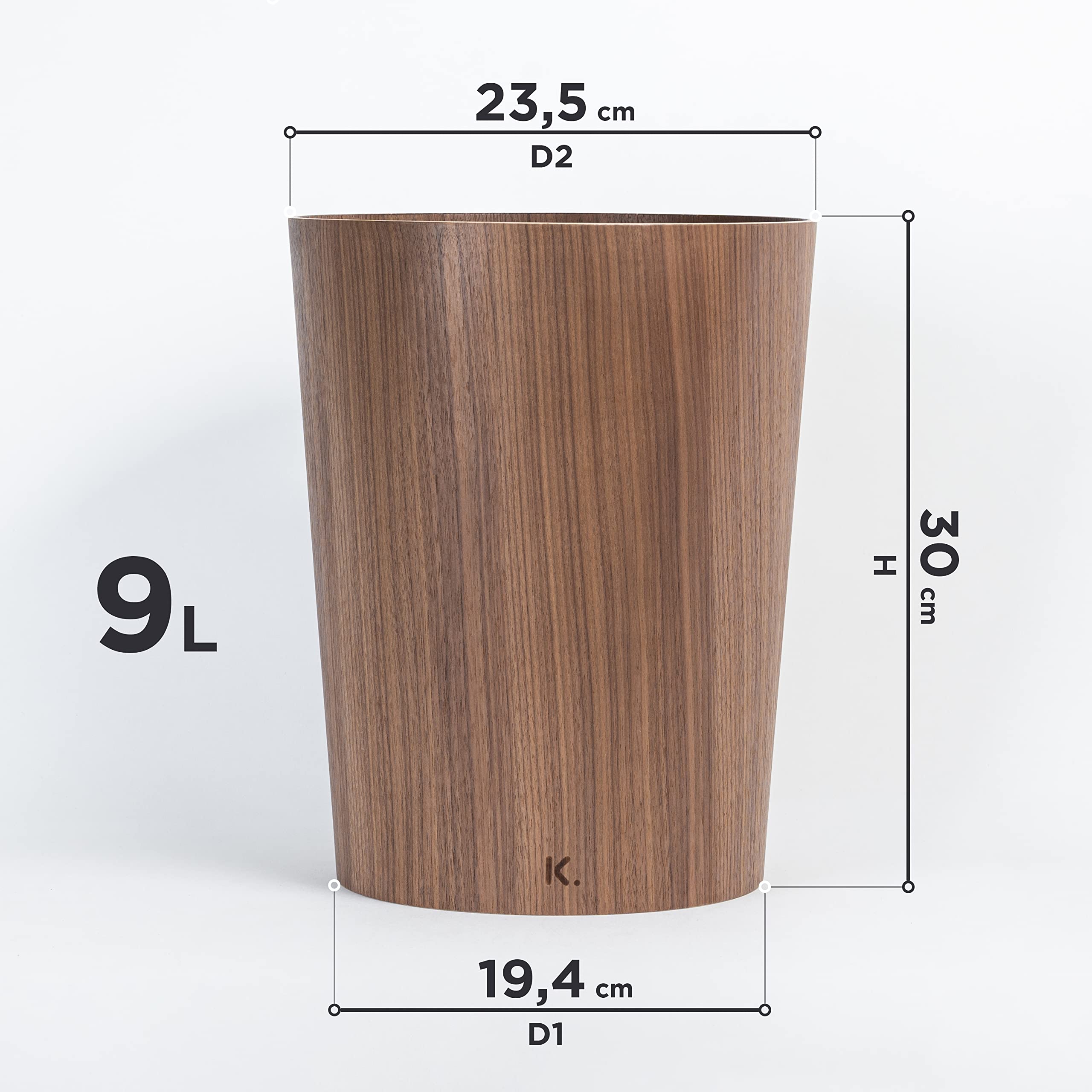 Kazai Börje Real Wood Waste Paper Bin – 9L Walnut Wooden Trash Basket