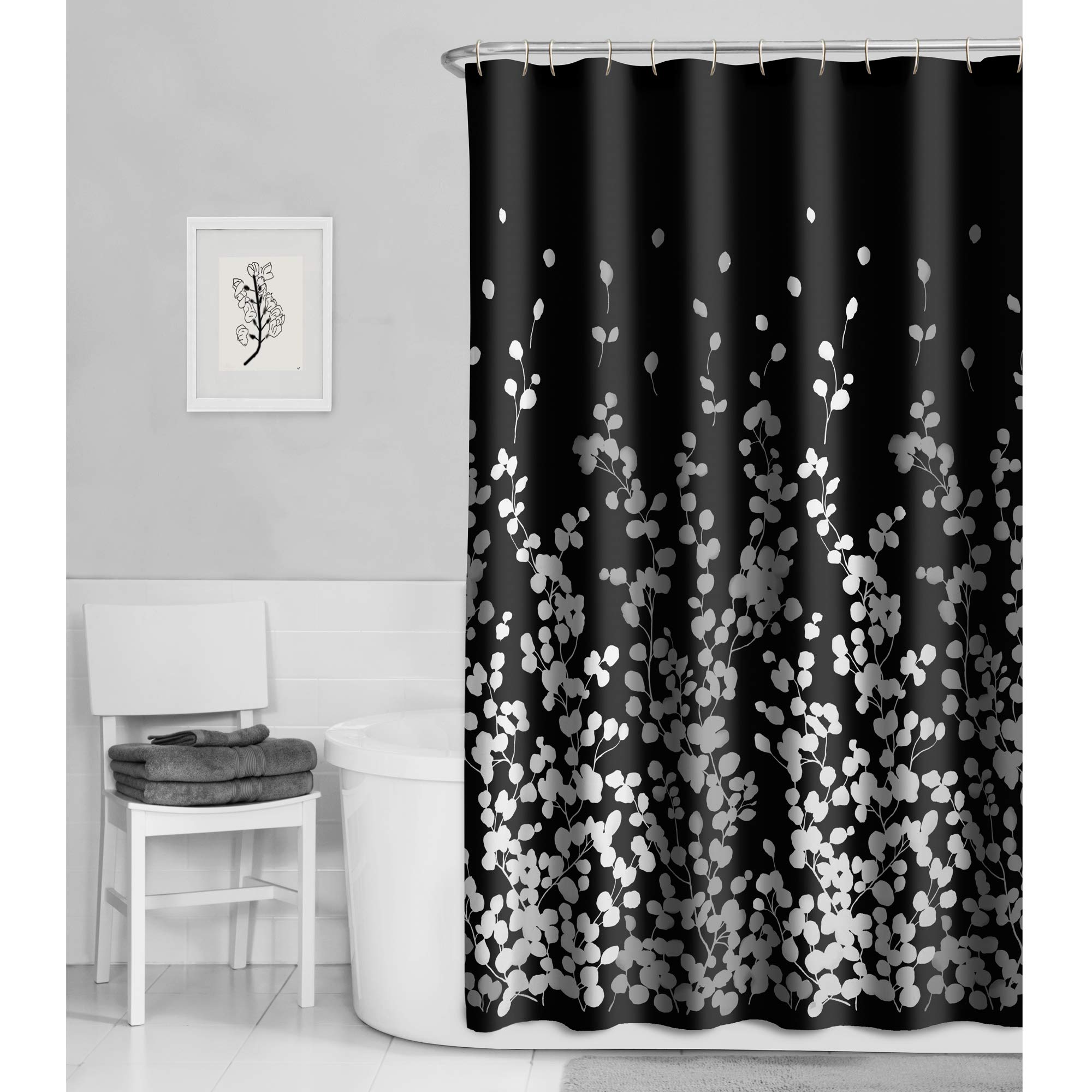 Maytex Sylvia Faux Silk Fabric Shower Curtain – Black & White Leaf Print