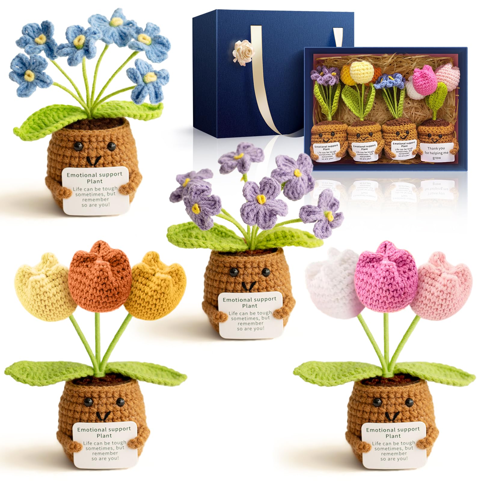 Emotional Support Crochet Flowers – 4Pc Tulip & Forget-Me-Not Set