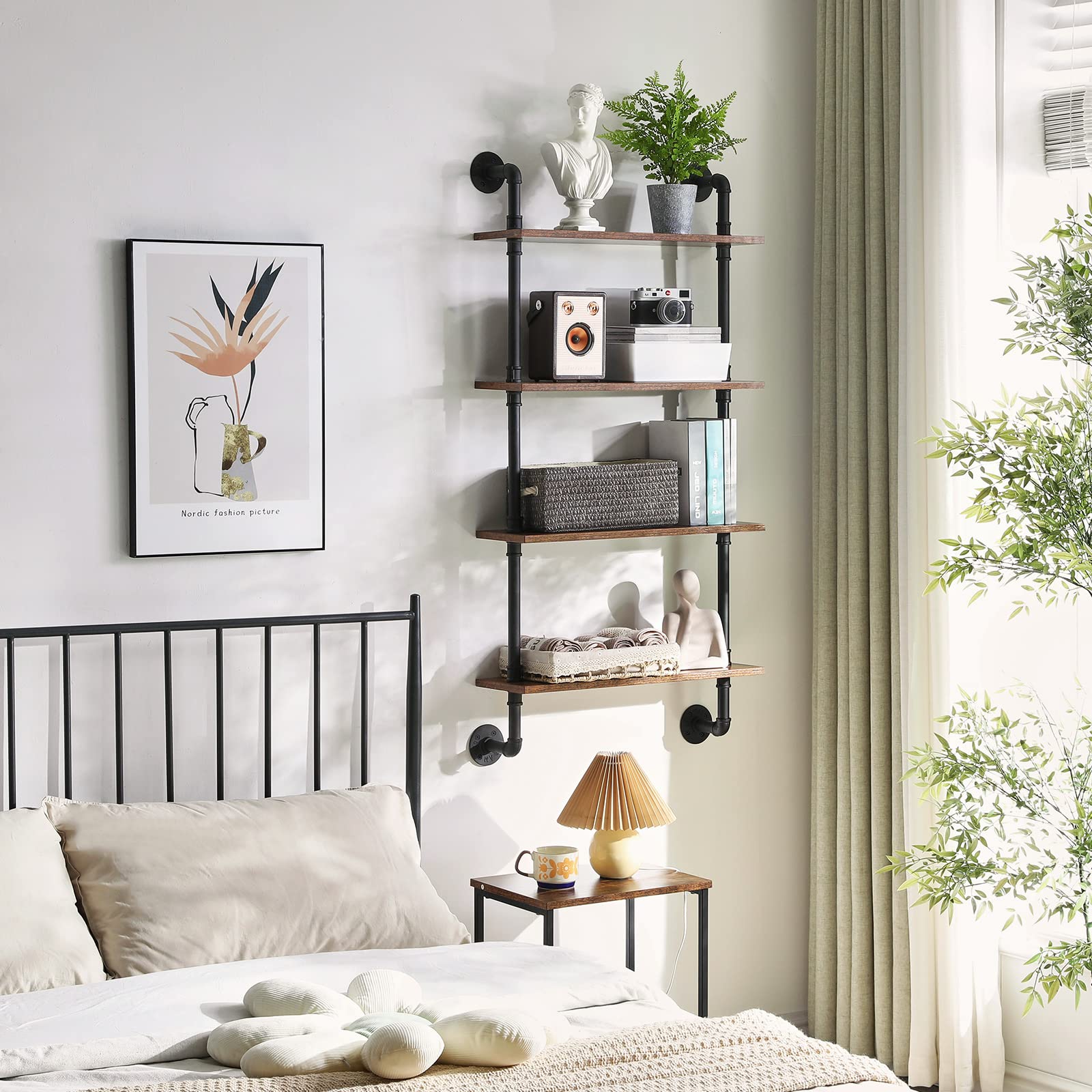 YMYNY 4-Tier Industrial Pipe Wall Shelves | Rustic Wood Floating Racks