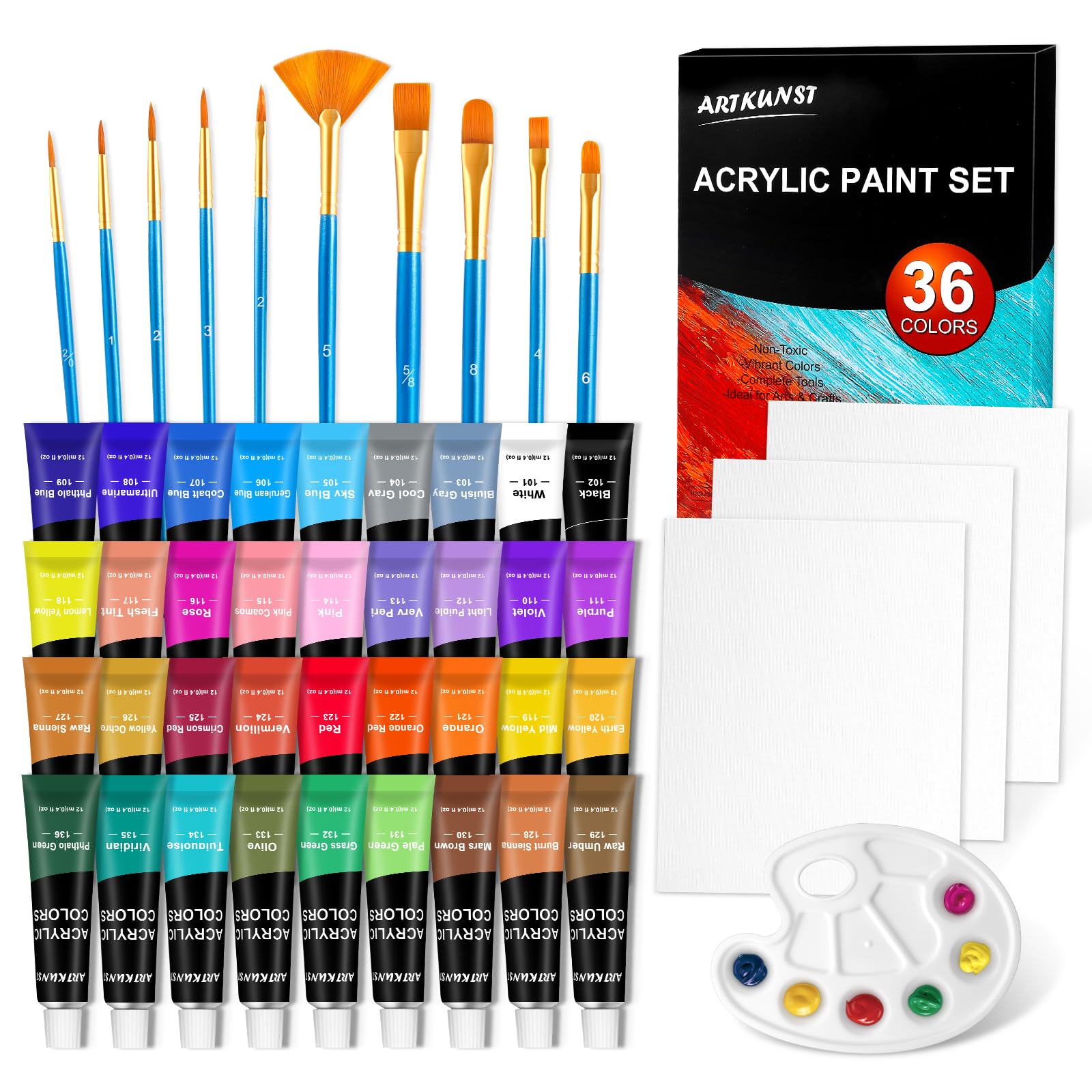 ARTKUNST 50-Piece Acrylic Paint Set | 36 Colors with Brushes & Canvas