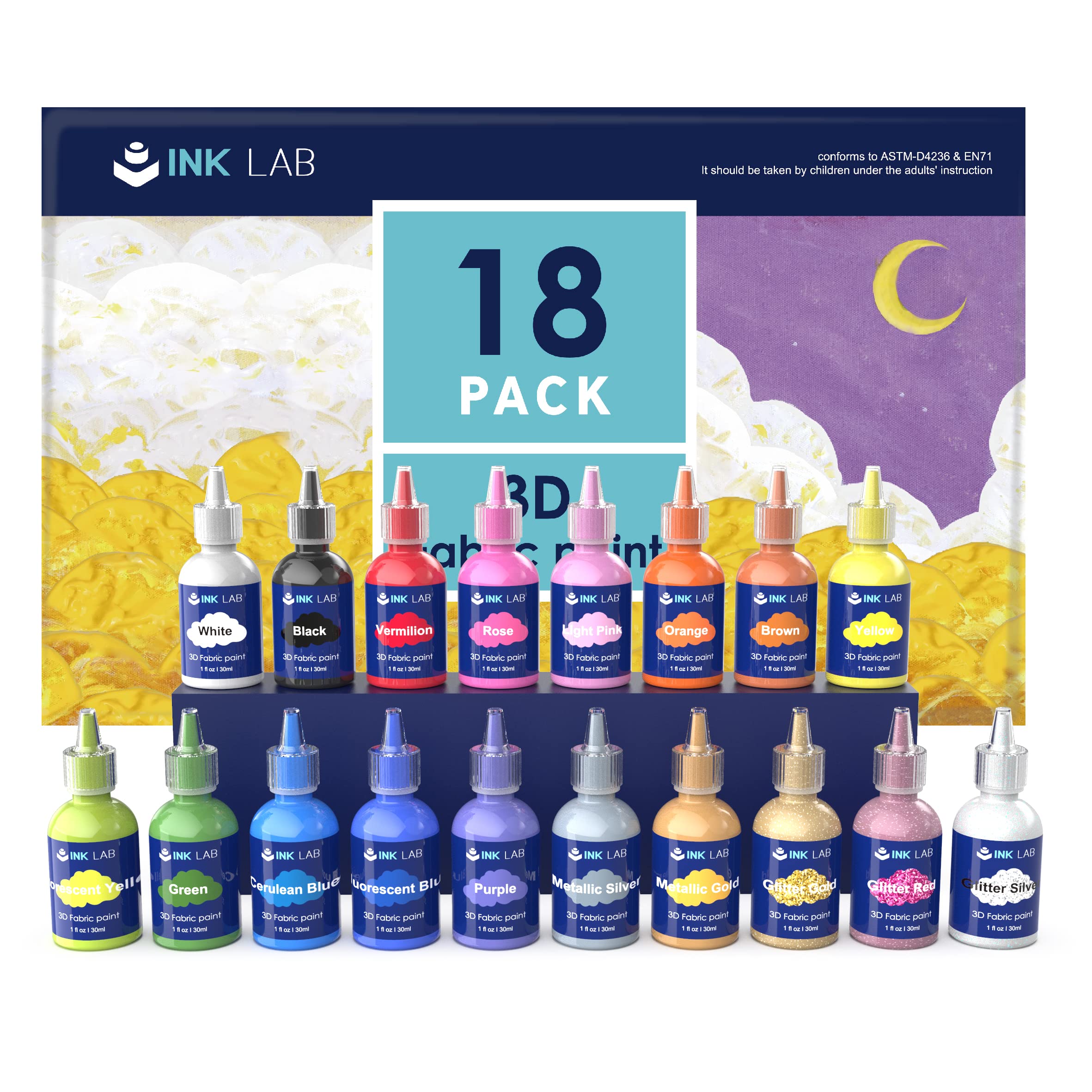 INK LAB 3D Fabric Paint Set - 18 Colors Permanent Puffy Textile Paints