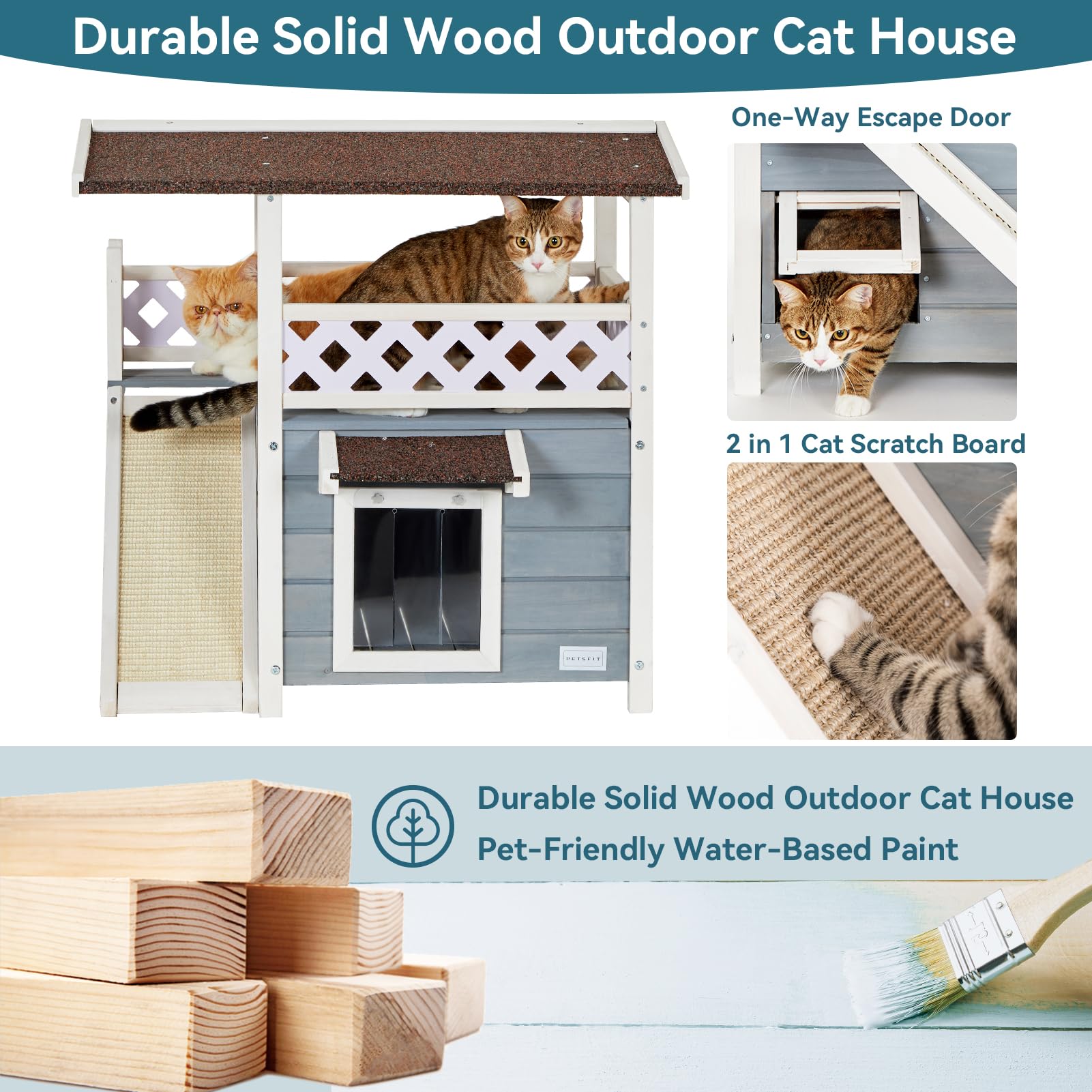 Petsfit 2-Story Wooden Outdoor Cat House - Waterproof Shelter with Balcony