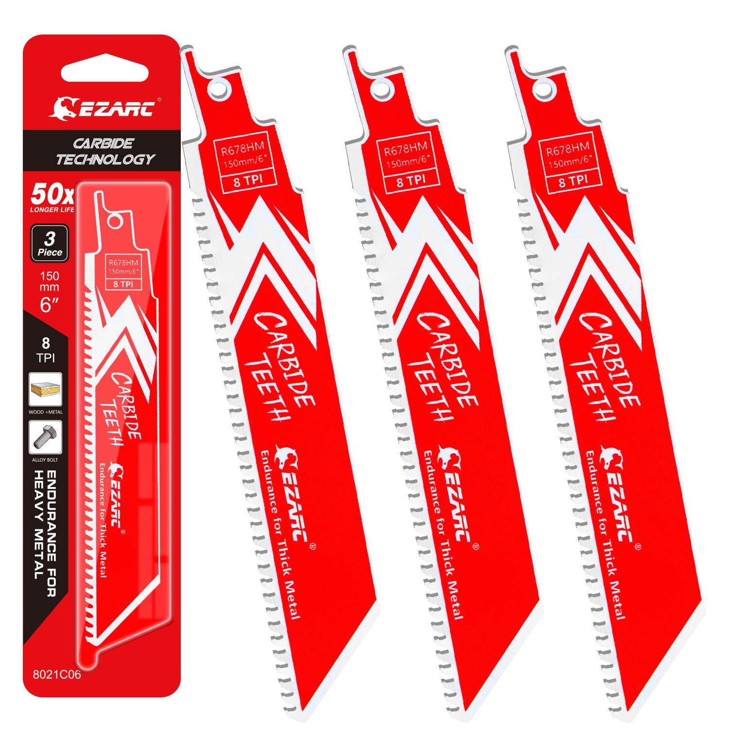 EZARC Carbide Reciprocating Saw Blade for Thick Metal, 150mm 8TPI, 3-Pack