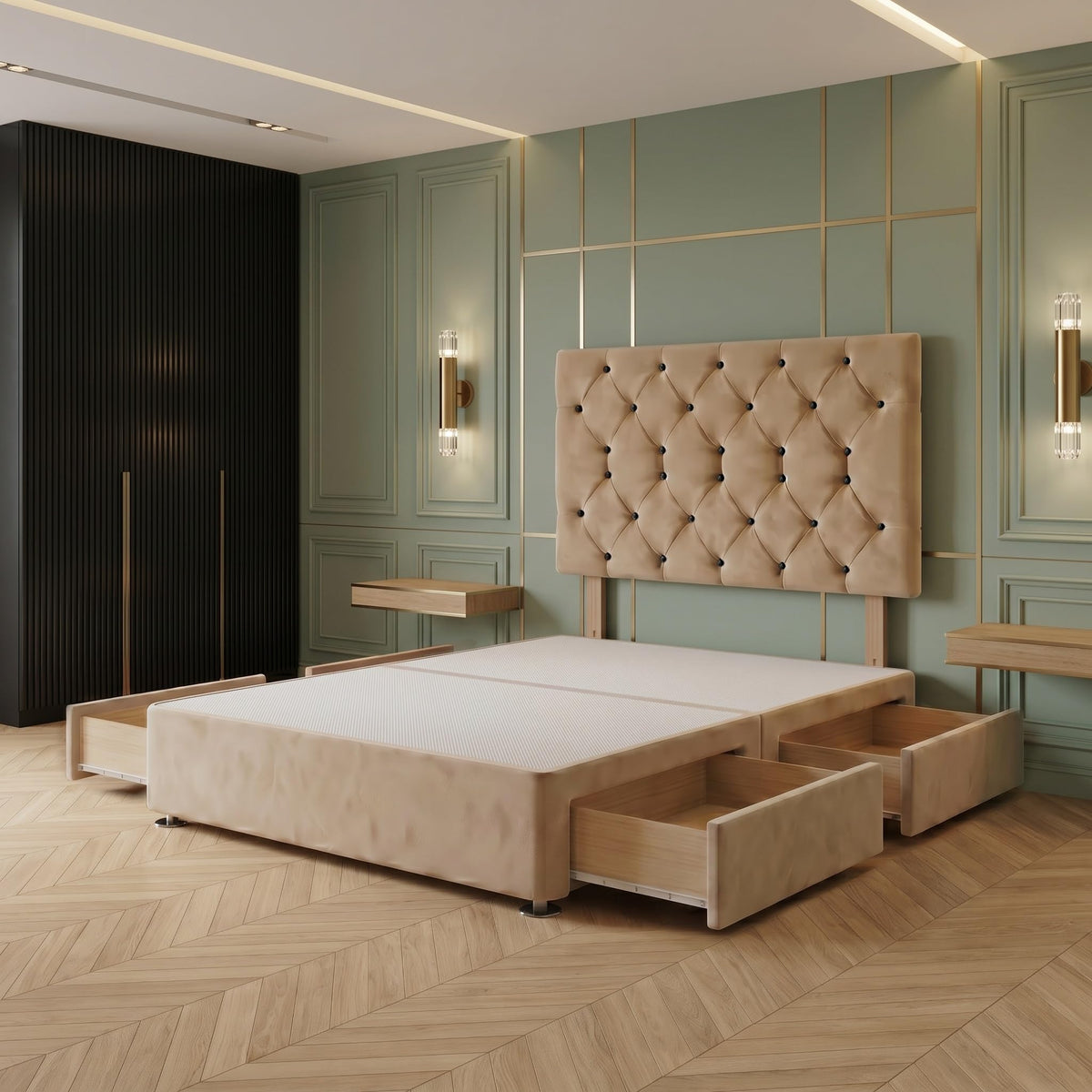 Bed Centre Premier Divan Base with 2 Drawers and Matching Headboard - Available in Multiple Fabrics and Colours 3FT Single, Plush Beige