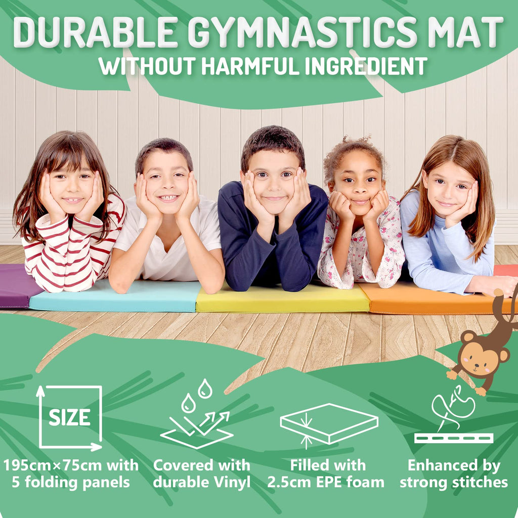 PhysKcal 5-Panel Folding Gymnastics Tumbling Mat | Thick EPE Foam Exercise Mat