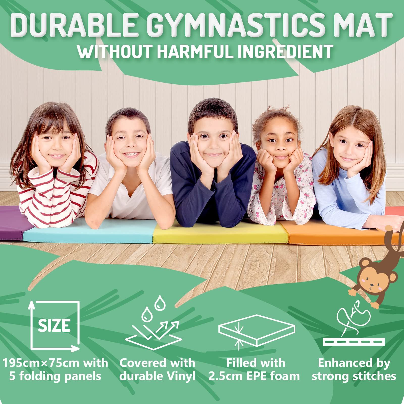 PhysKcal 5-Panel Folding Gymnastics Tumbling Mat | Thick EPE Foam Exercise Mat