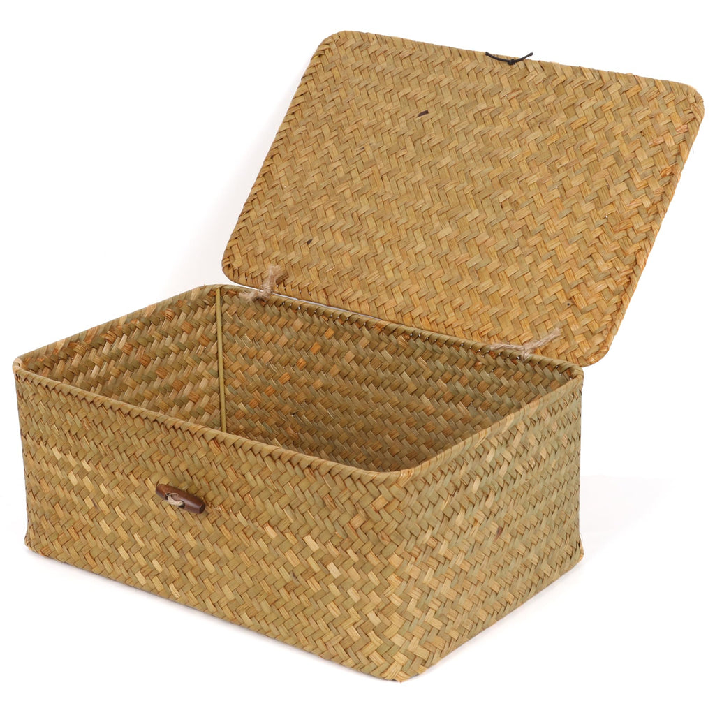 FEIALNDUO Wicker Shelf Baskets with Lid,Seagrass Storage Basket Bins Rectangular Handwoven Basket Boxes for Shelves Desktop Home Organizer - image 1