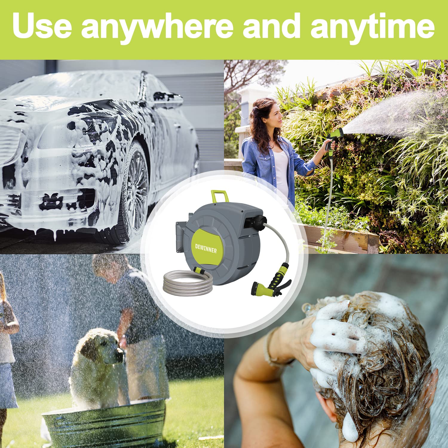 DEWINNER Wall Mount Garden Hose Reel | 20M Auto Rewind Hose Pipe