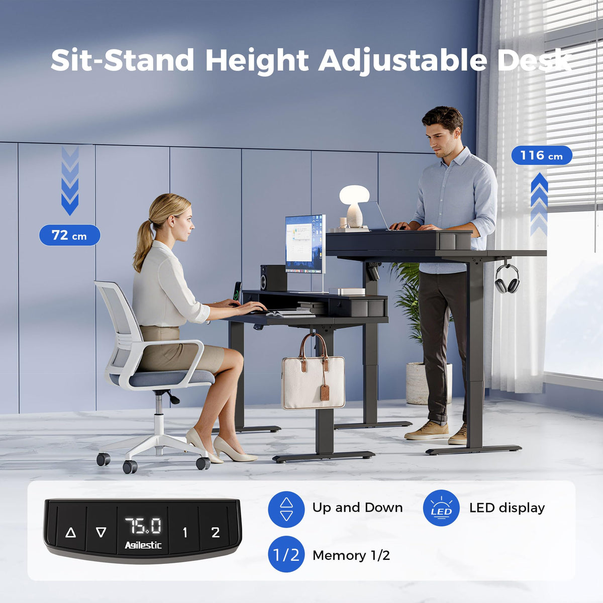 Agilestic Electric Adjustable Height Desk, with 2 Fabric Drawers, 100x60cm - image 2