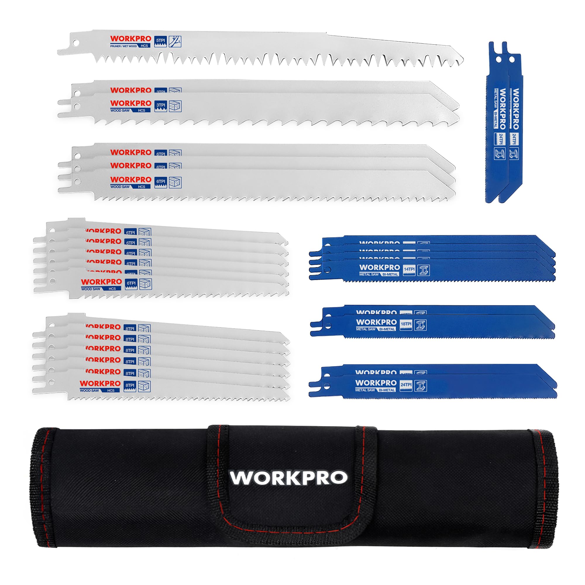 WORKPRO 32-Piece Reciprocating Saw Blade Set for Wood & Metal with Pouch
