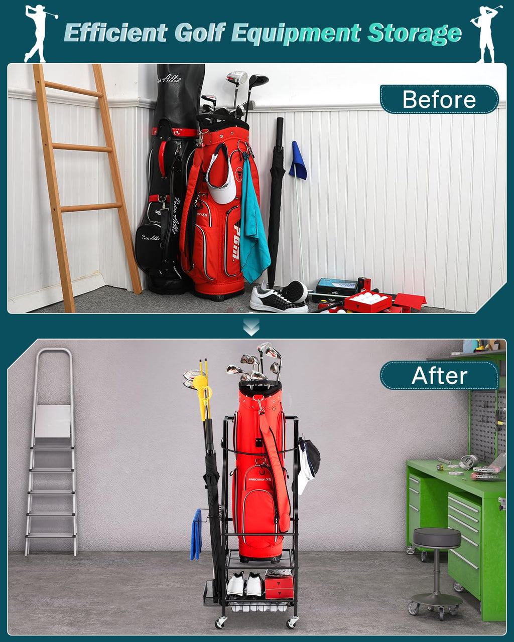 Rolling Golf Bag Storage Rack – 3-Tier Steel Garage Organizer