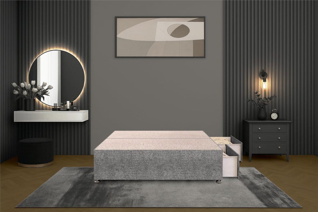 Bed Centre Flexby Divan Bed Base Only with 2 Drawers Same Side, No Headboard - Available in 3FT, 4FT, 5FT & 6FT 3FT Single, Tweed Grey Fabric