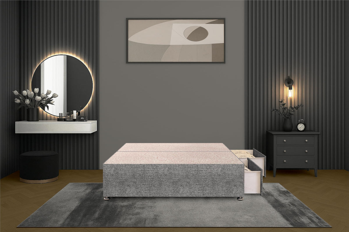 Bed Centre Flexby Divan Bed Base Only with 2 Drawers Same Side, No Headboard - Available in 3FT, 4FT, 5FT & 6FT 3FT Single, Tweed Grey Fabric