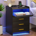 FREDEES Black Nightstand with Wireless Charging Station and LED Lights
