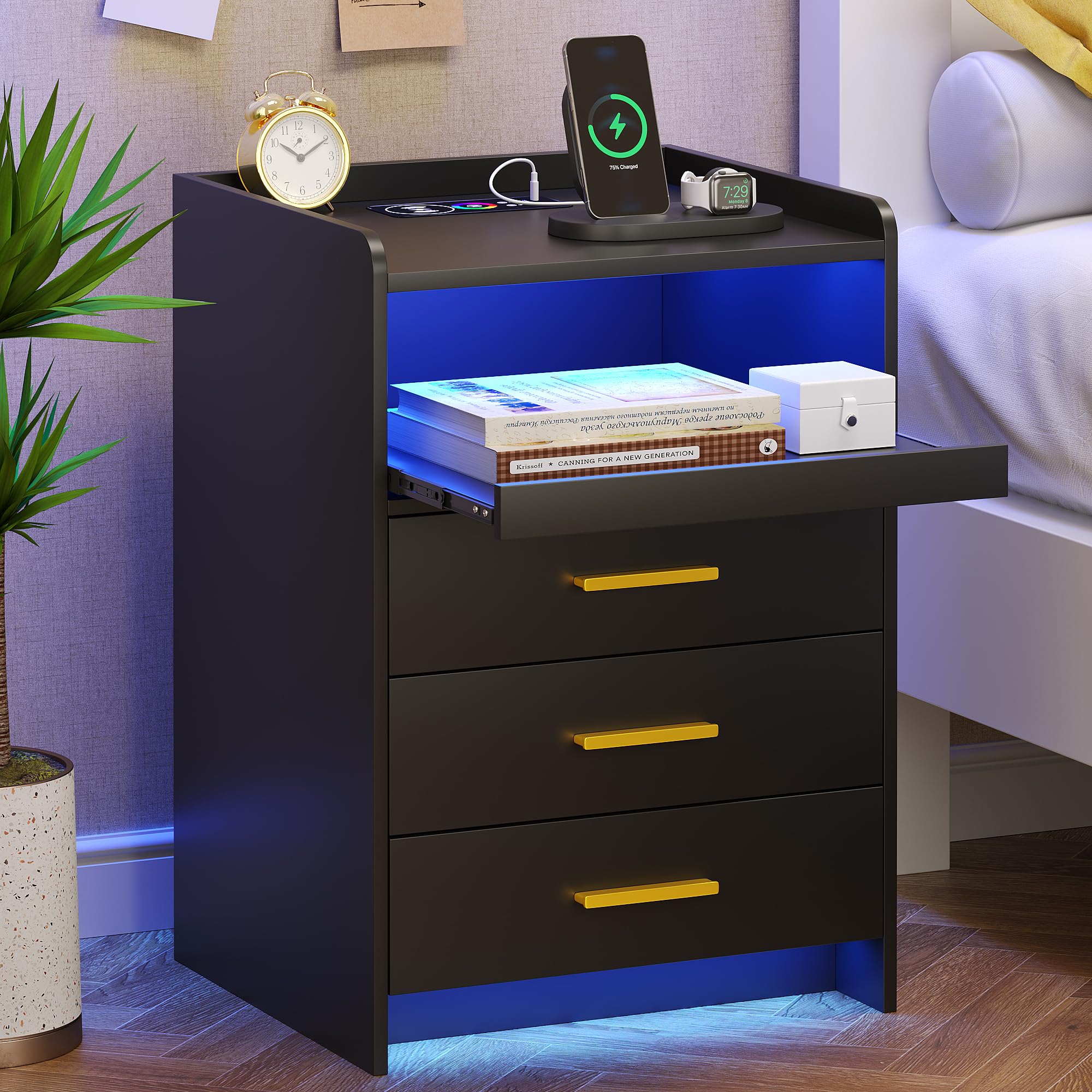 FREDEES Black Nightstand with Wireless Charging Station and LED Lights