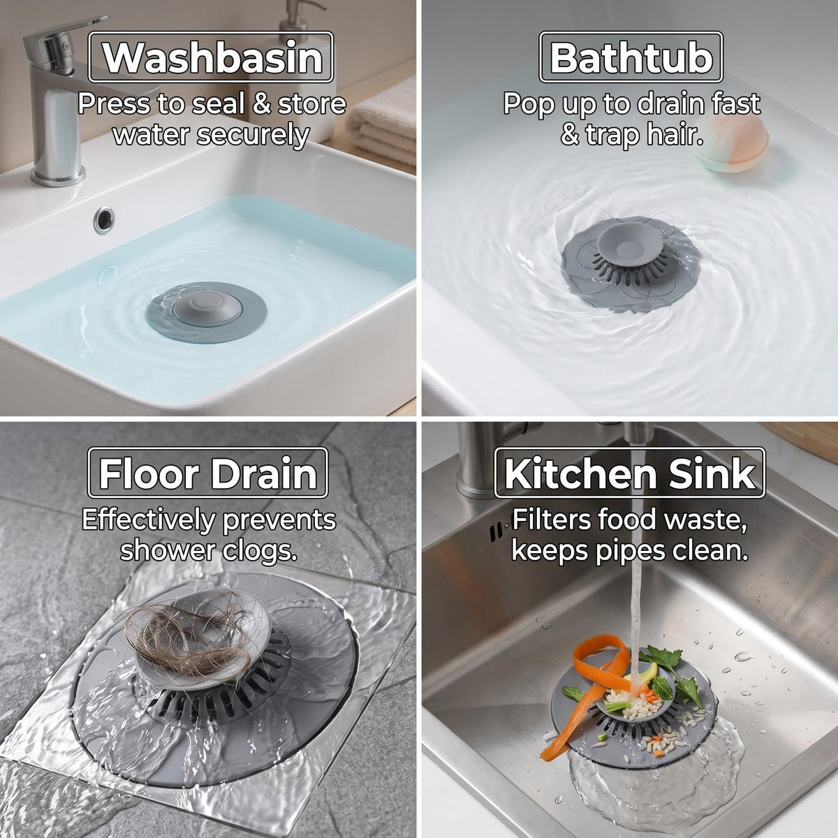 CleaZeny 2-Pack Silicone Press-Type Universal Bath Plug, 10.8cm Grey - image 3