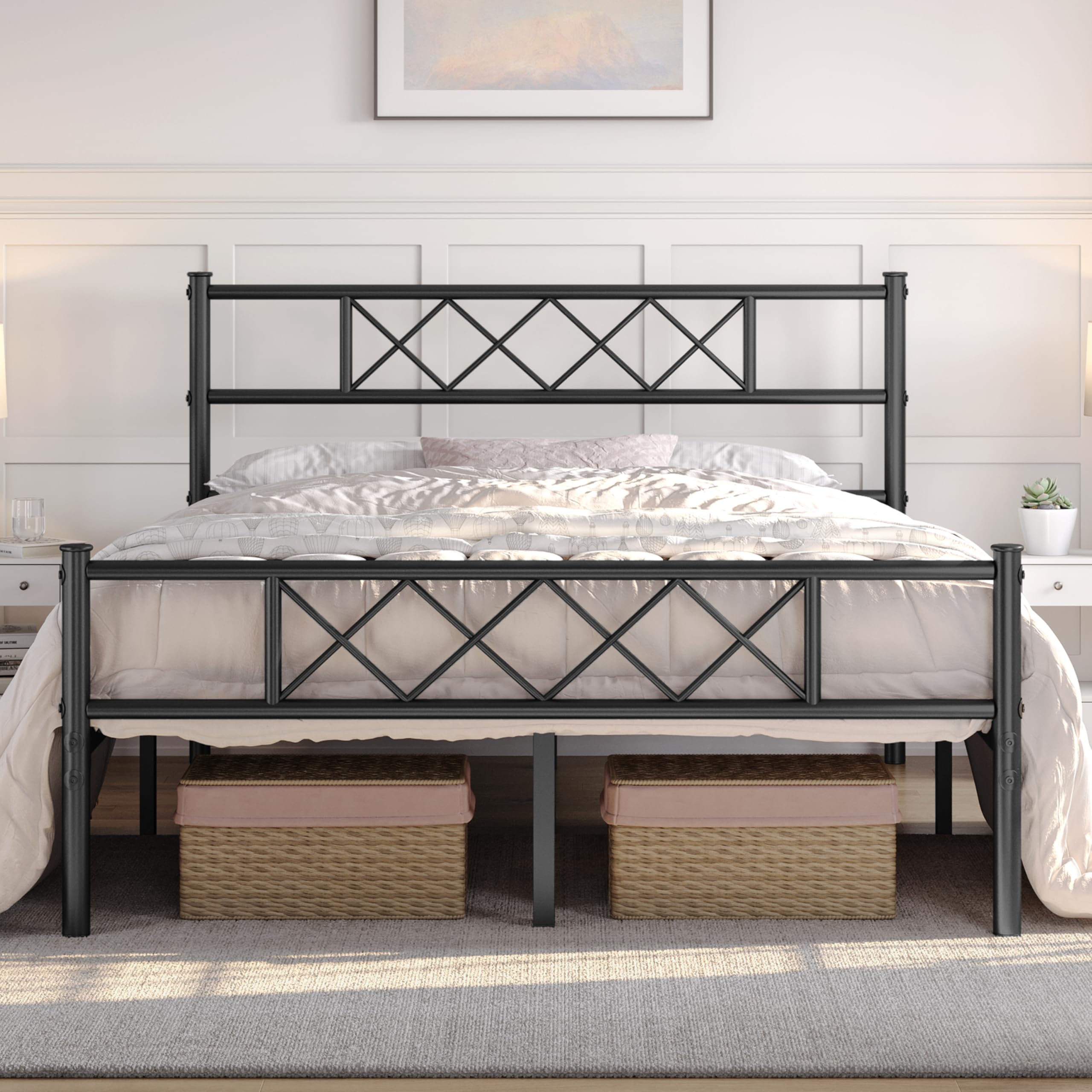 Yaheetech King Metal Bed Frame – Industrial Slatted Foundation, Black