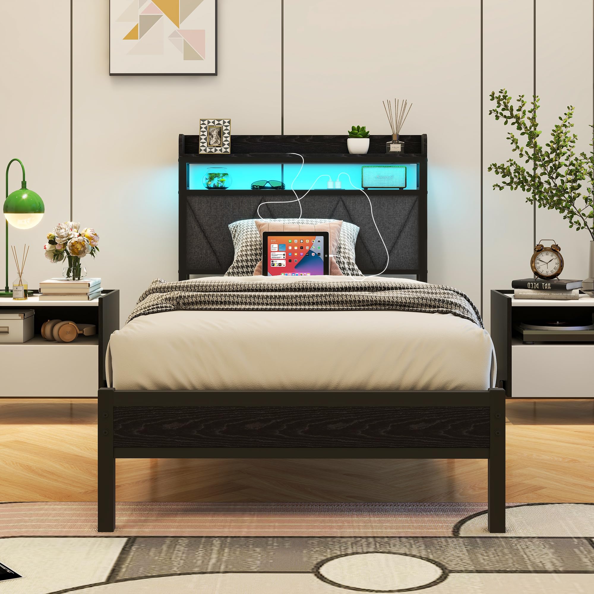 VERFARM Single Bed Frame with LED Storage Headboard & Charging Station