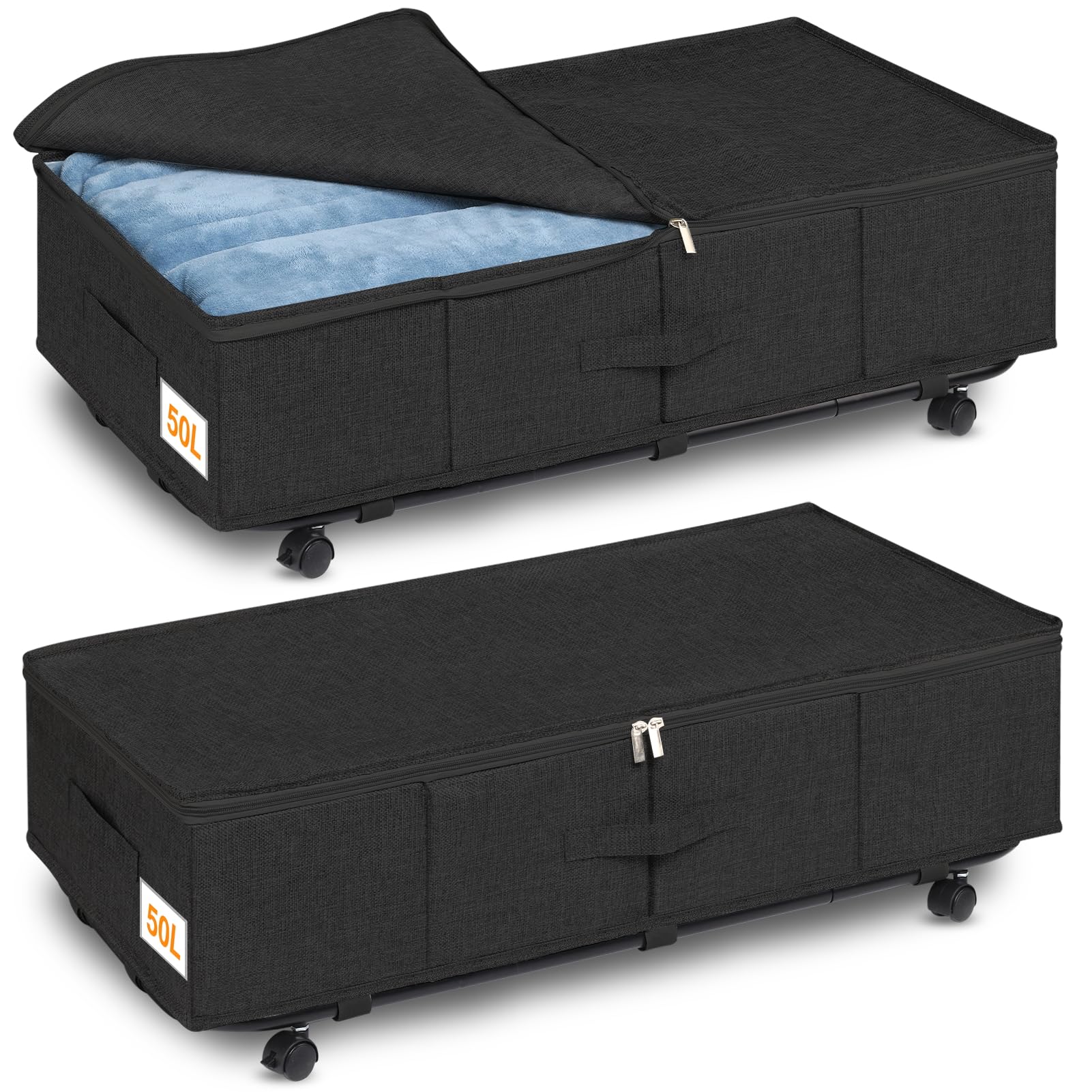 Huquter Underbed Storage on Wheels | 2-Pack 50L Foldable Metal Bins