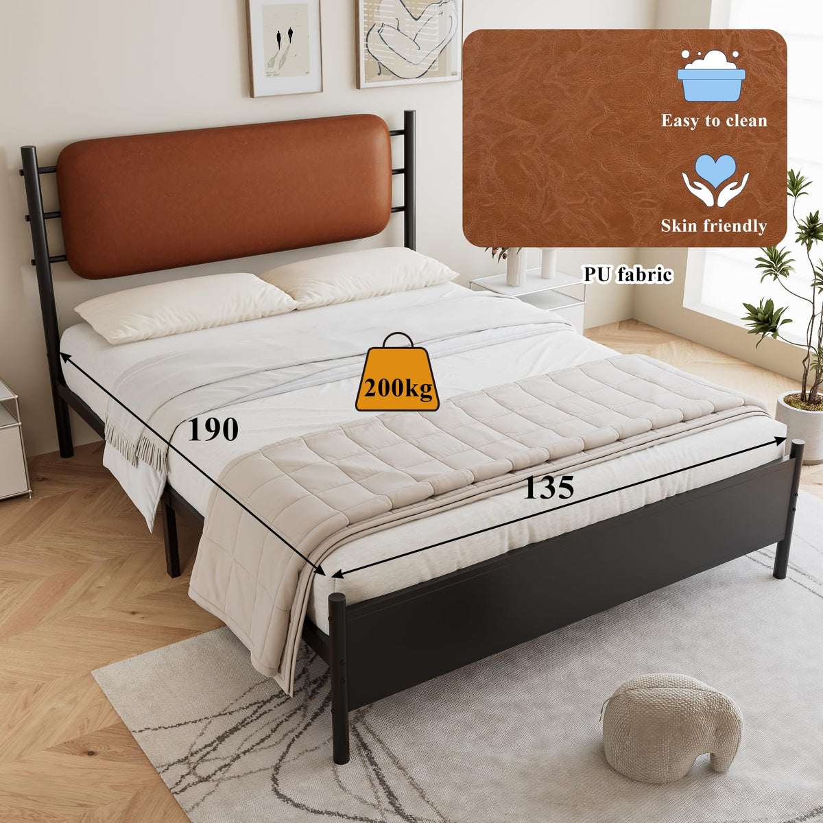 Merax 4ft6 Double Metal Bed with PU Upholstered Headboard – Wrought Iron Frame, 135x190cm, Durable & Sturdy, Comfortable Youth Bed for Teens & Adults - image 5
