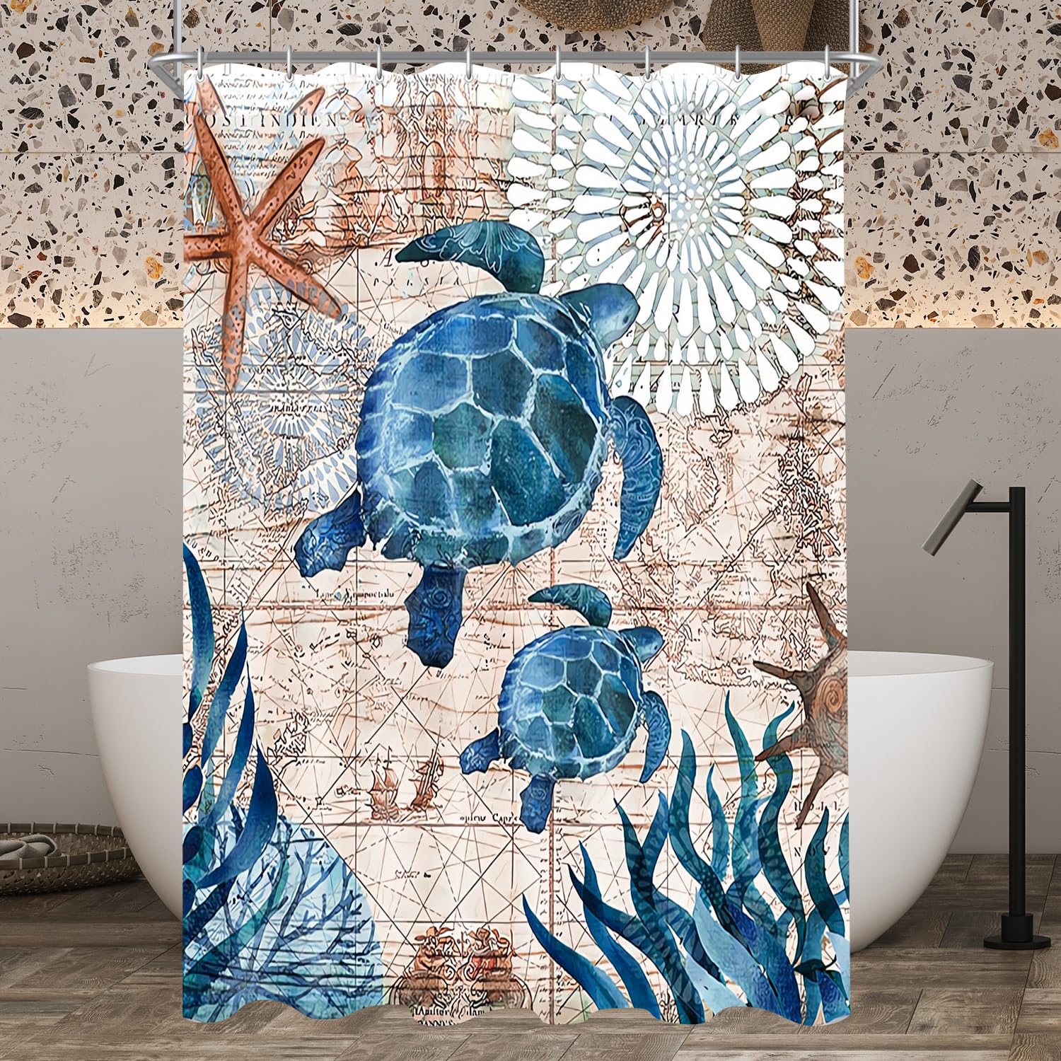 Lerores Sea Turtle Shower Curtain | 150x200cm Anti-Mould Weighted Hem