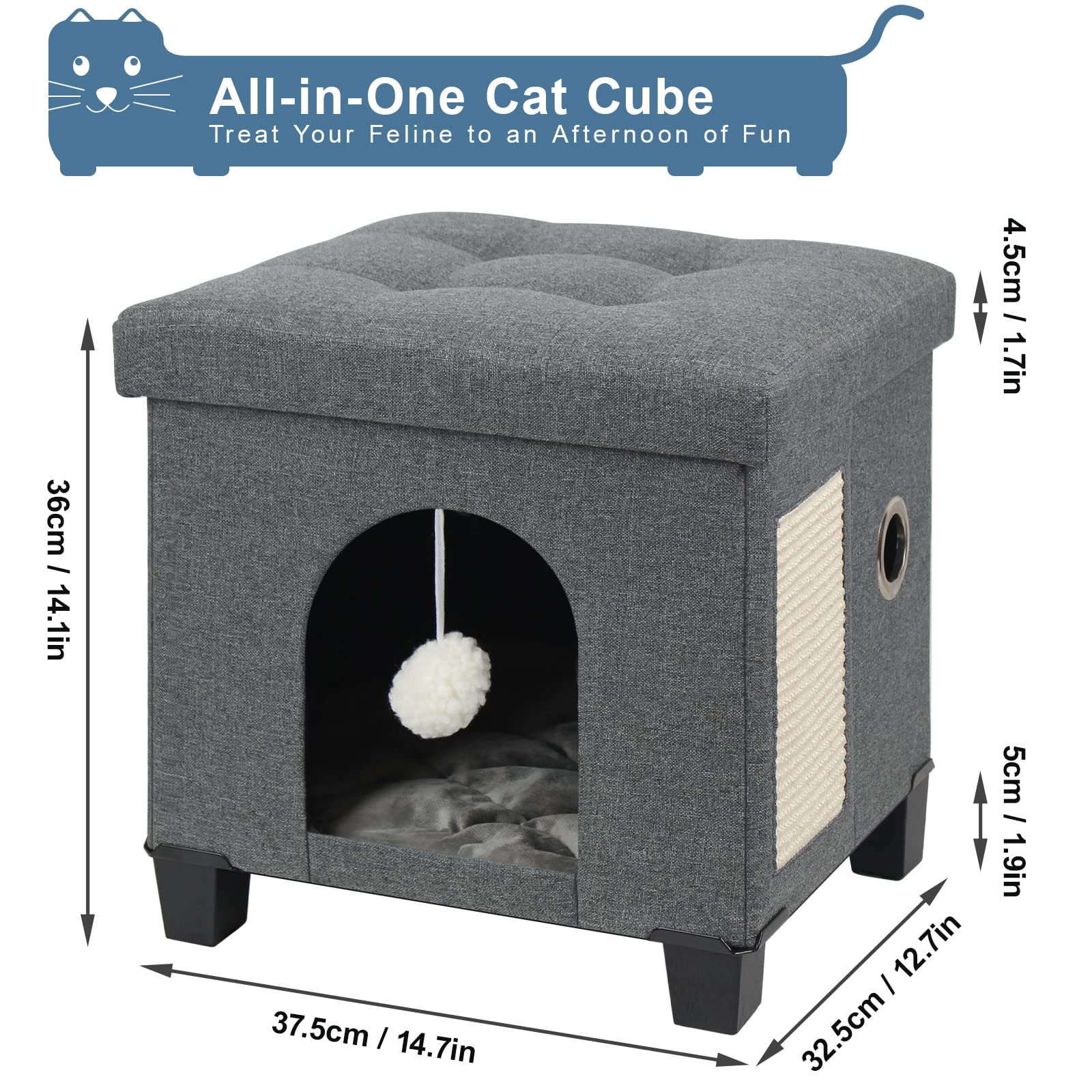 BRIAN & DANY Collapsible Cat Cave - Cube Cat House with Scratch Board