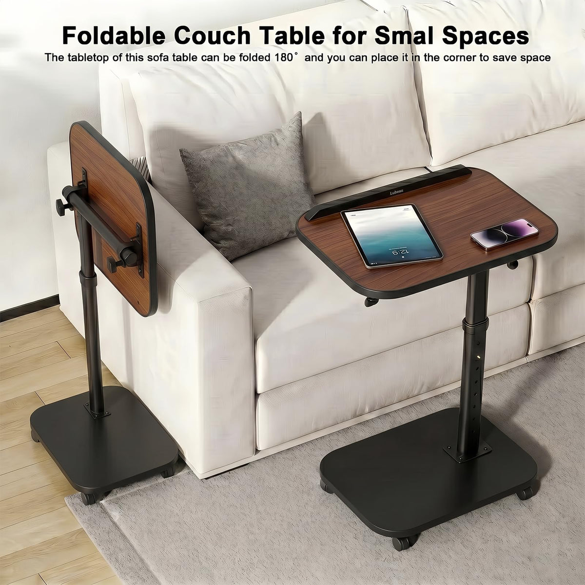 C Shaped Side Table, Sofa TV Tray Tables Adjustable Height & 180° Flip-Over Panel Design - image 5