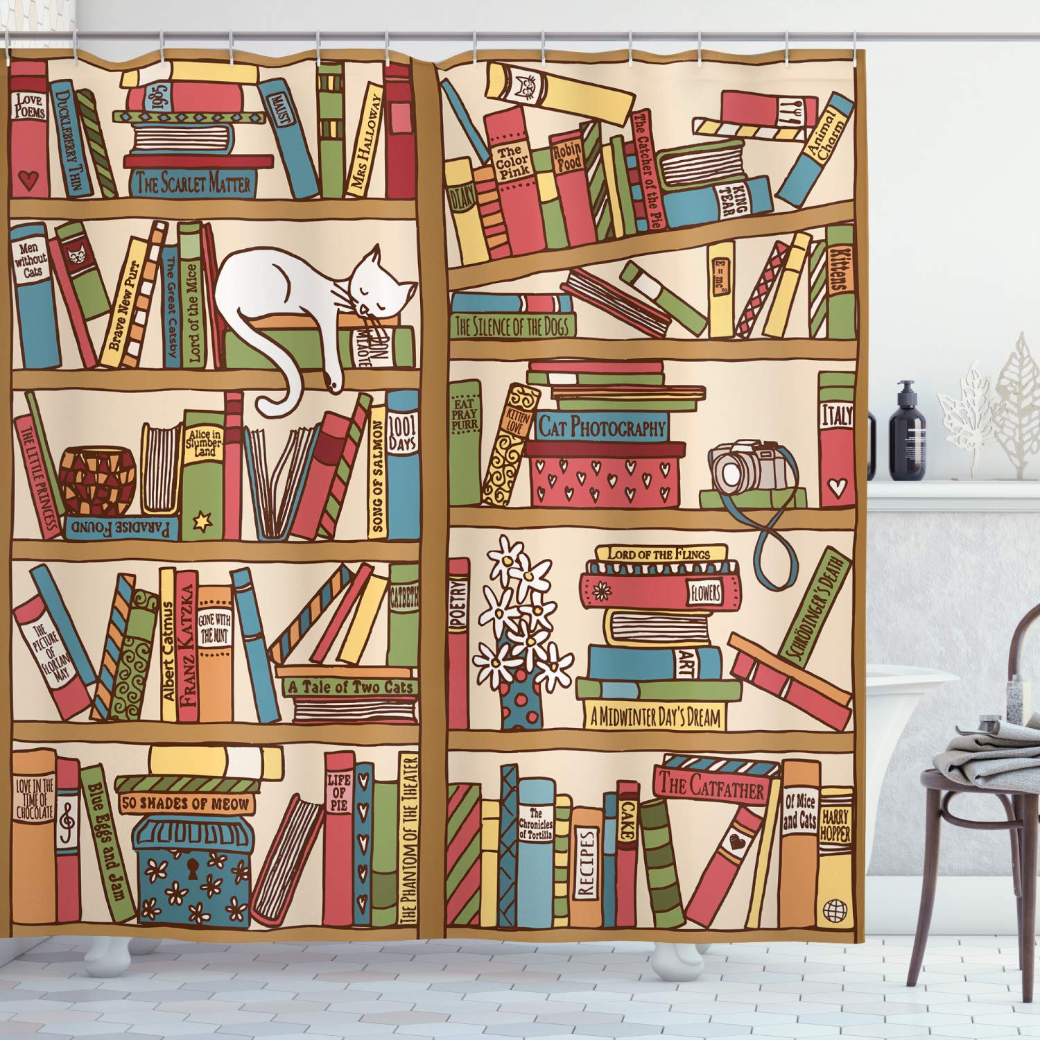 ABAKUHAUS Cat Shower Curtain – Nerd Book Lover Kitty Fabric Bathroom Decor