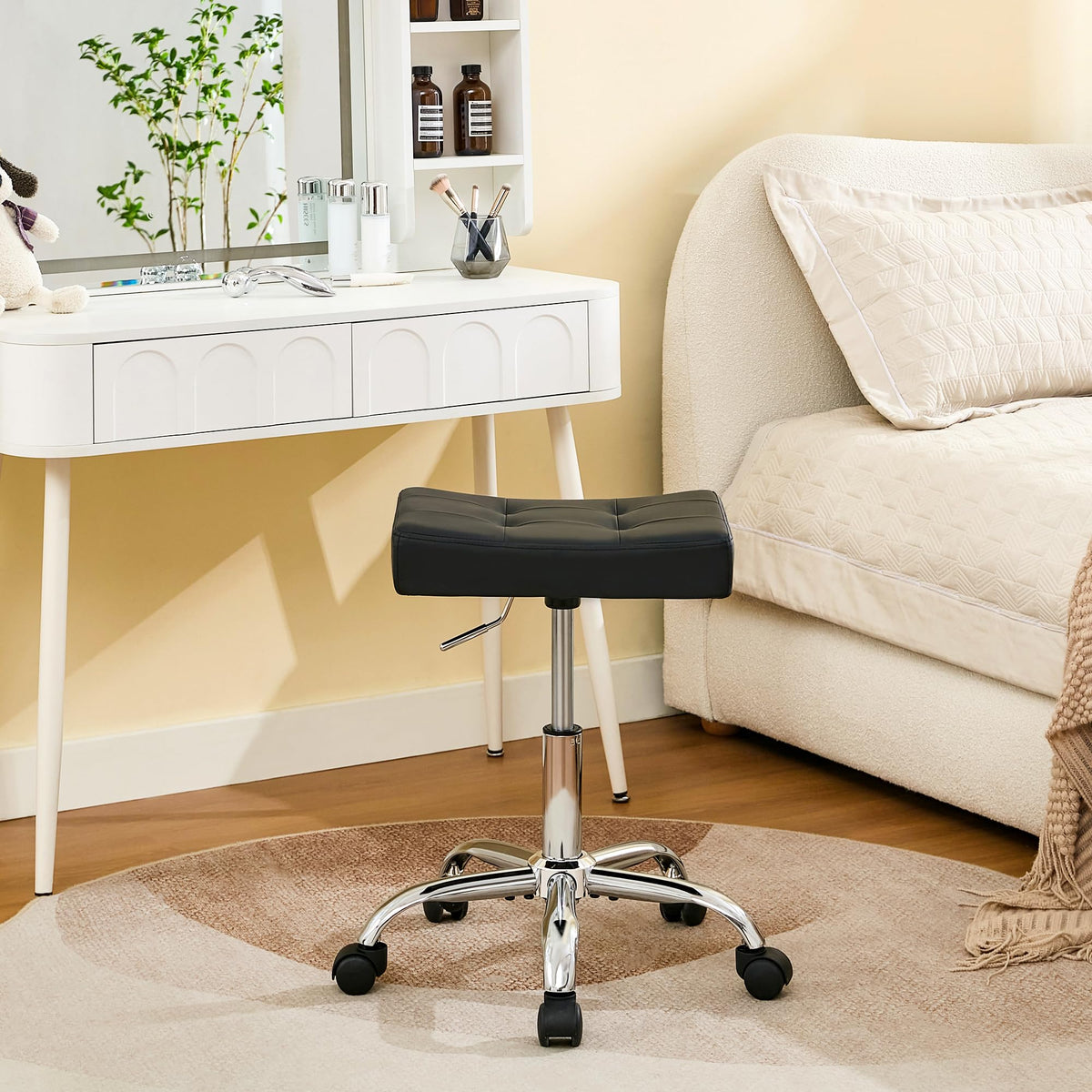 FIRAVOE Office Stool with Wheels 136 kg Capacity Adjustable Height 43.5–54.5 cm Black Faux Leather Workbench Stool - image 1